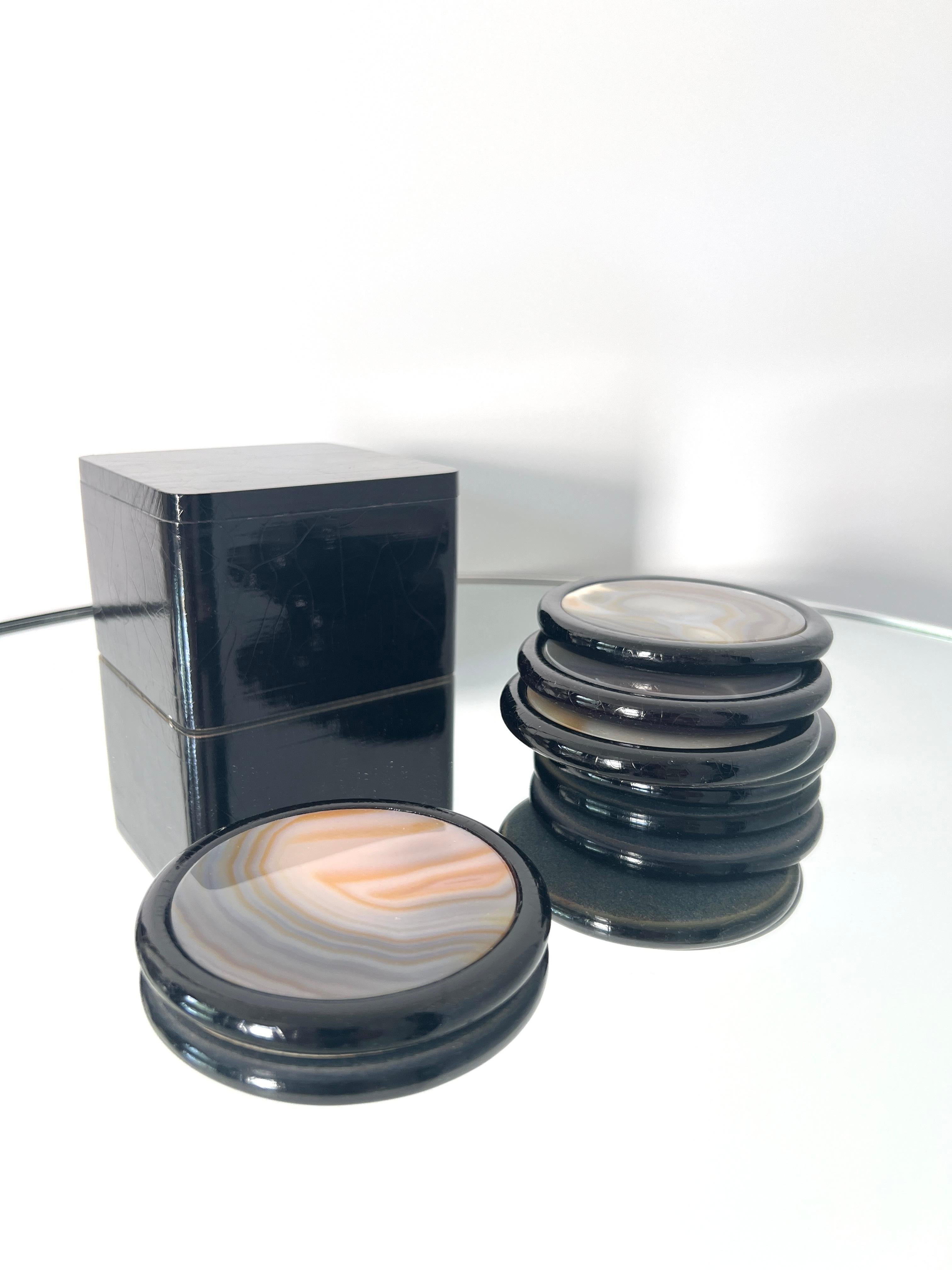 Mid-Century Modern Vintage Agate Coaster Box Set with Black Lacquered Finish, c. 1970s For Sale