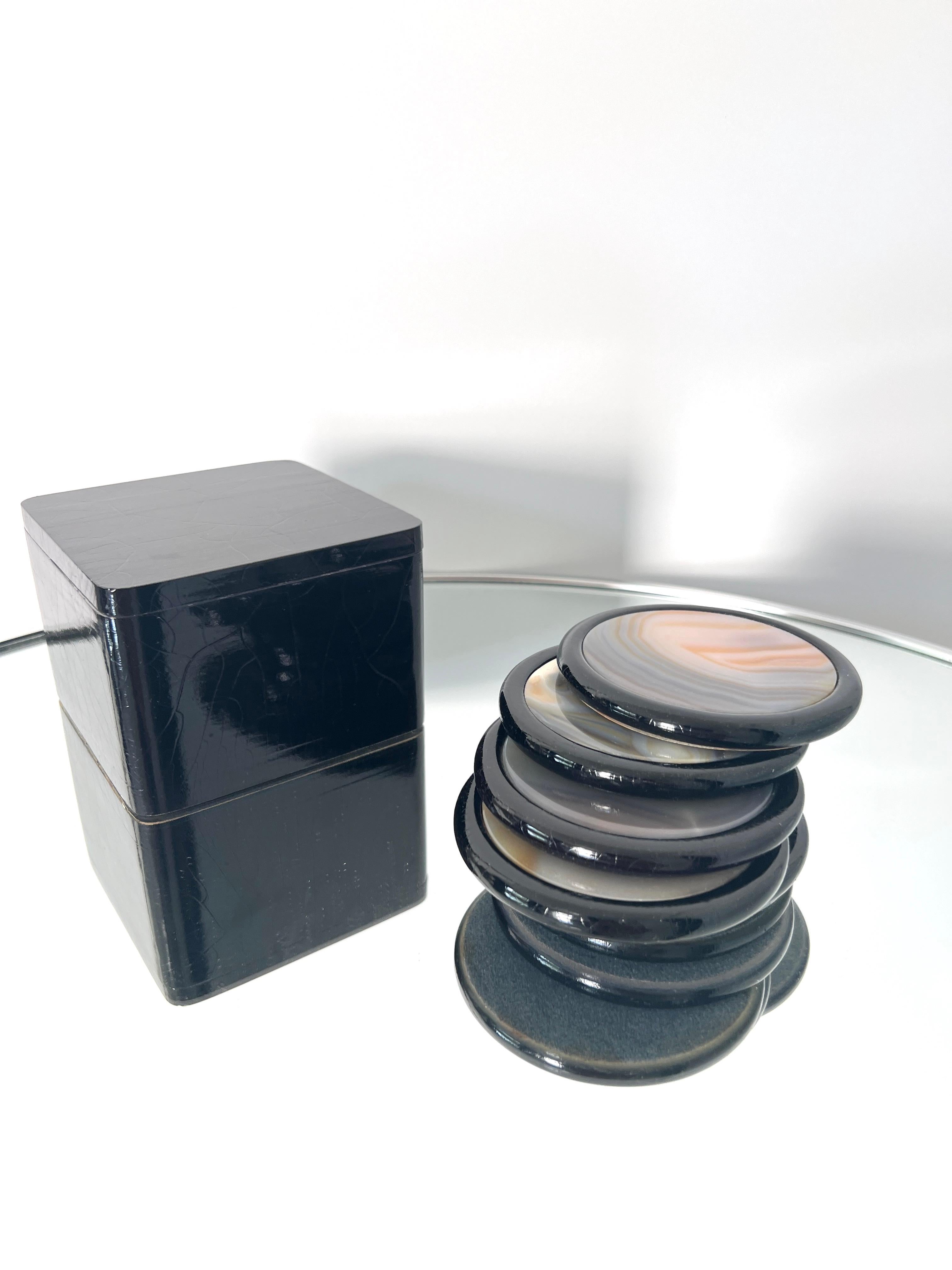 Vintage Agate Coaster Box Set with Black Lacquered Finish, c. 1970s For Sale 3