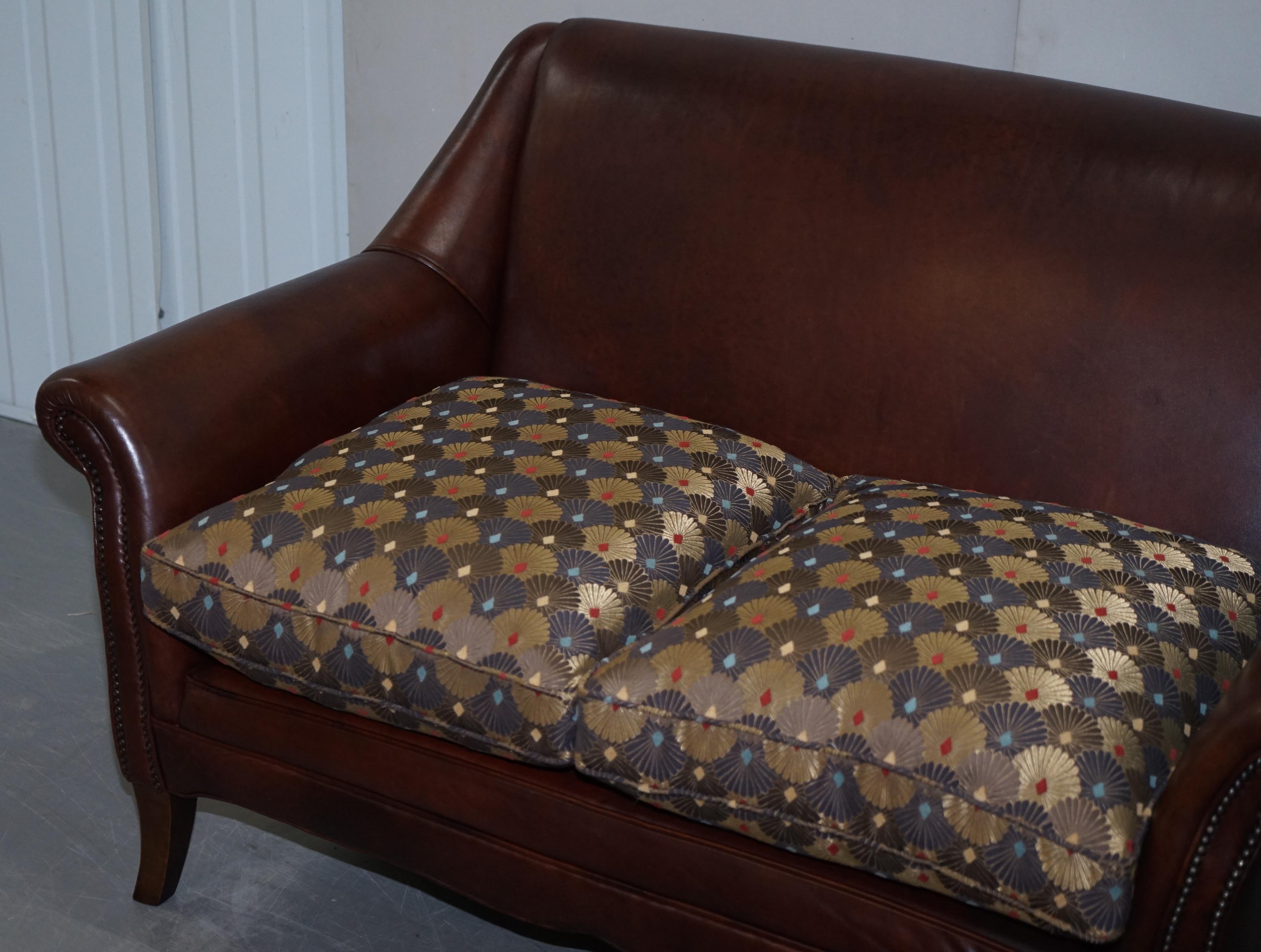 Art Deco Vintage Aged Brown Leather Sofa with Liberty's of London Upholstered Cushions