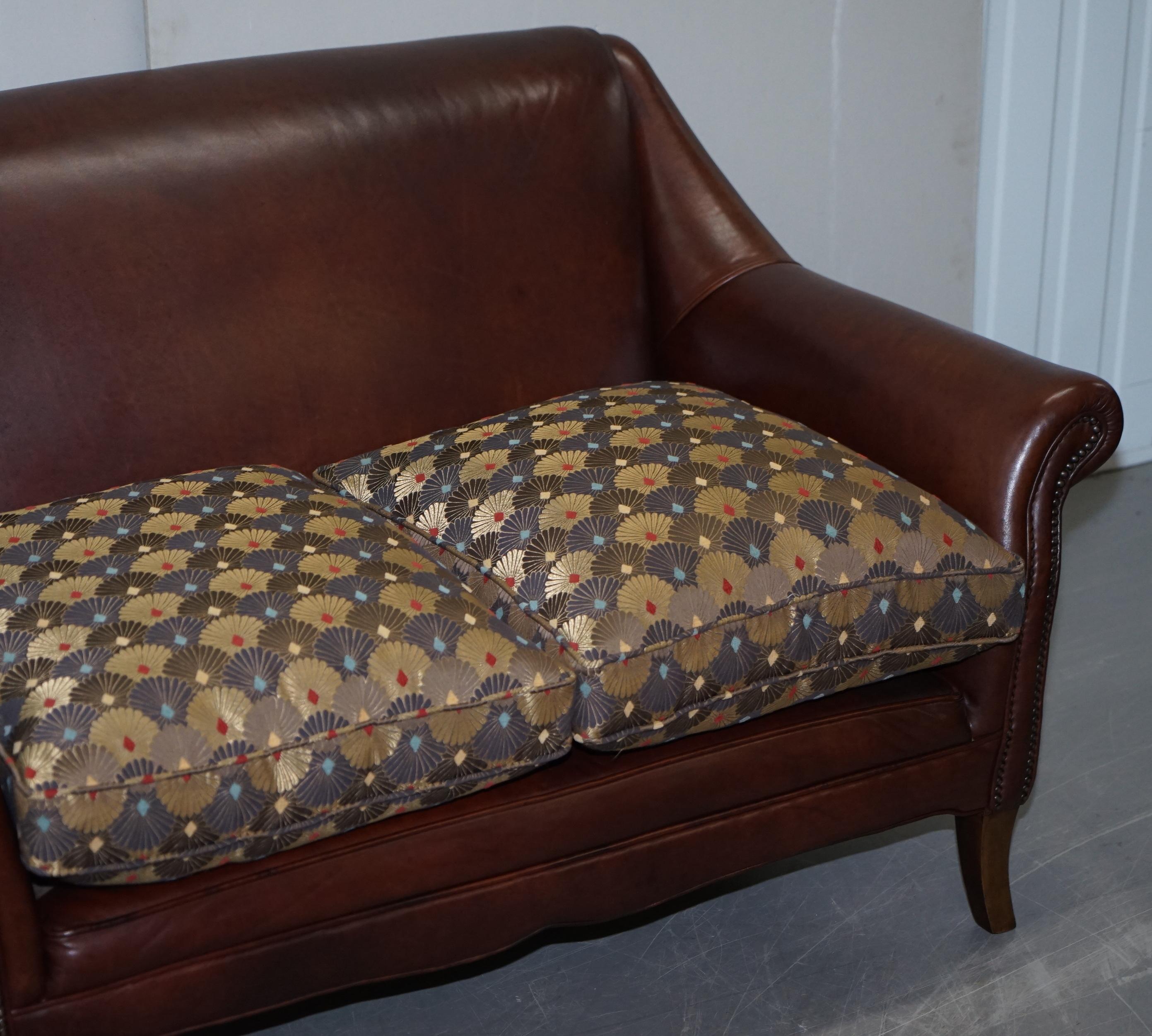 English Vintage Aged Brown Leather Sofa with Liberty's of London Upholstered Cushions