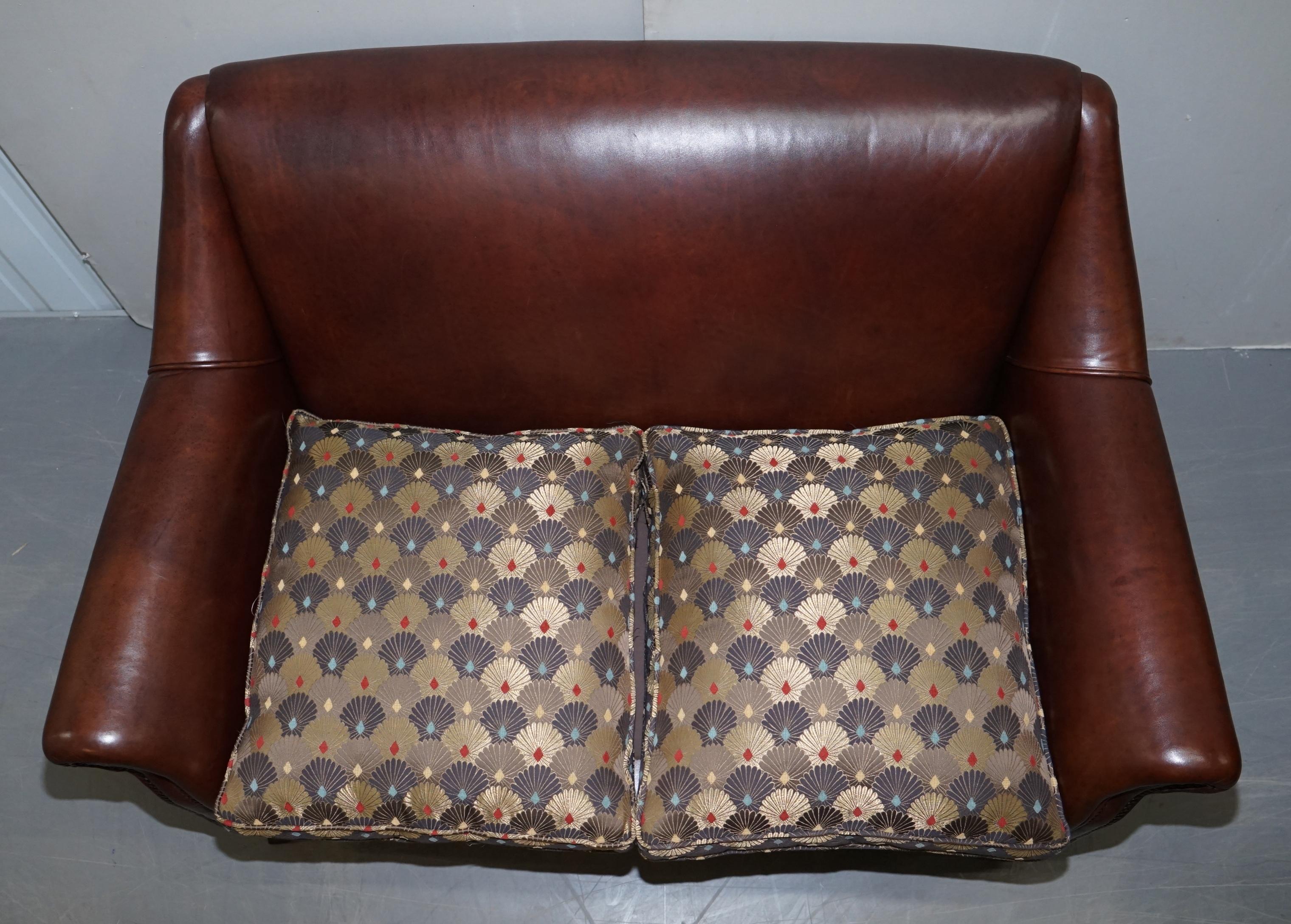 Hand-Crafted Vintage Aged Brown Leather Sofa with Liberty's of London Upholstered Cushions