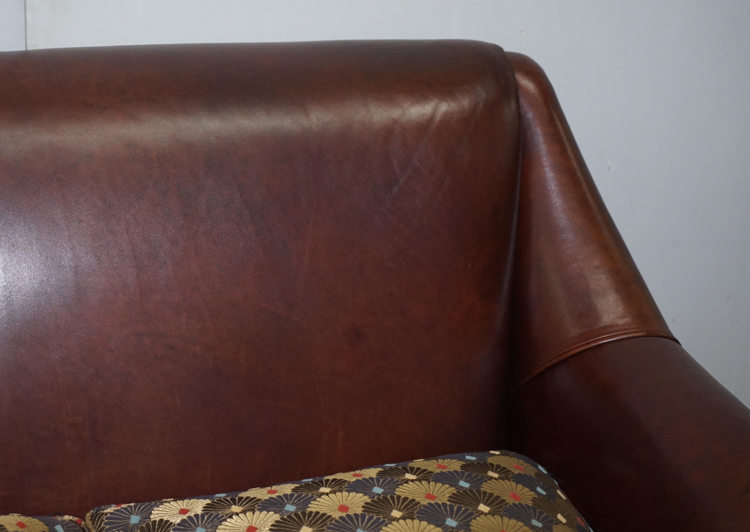 Vintage Aged Brown Leather Sofa with Liberty's of London Upholstered Cushions 2