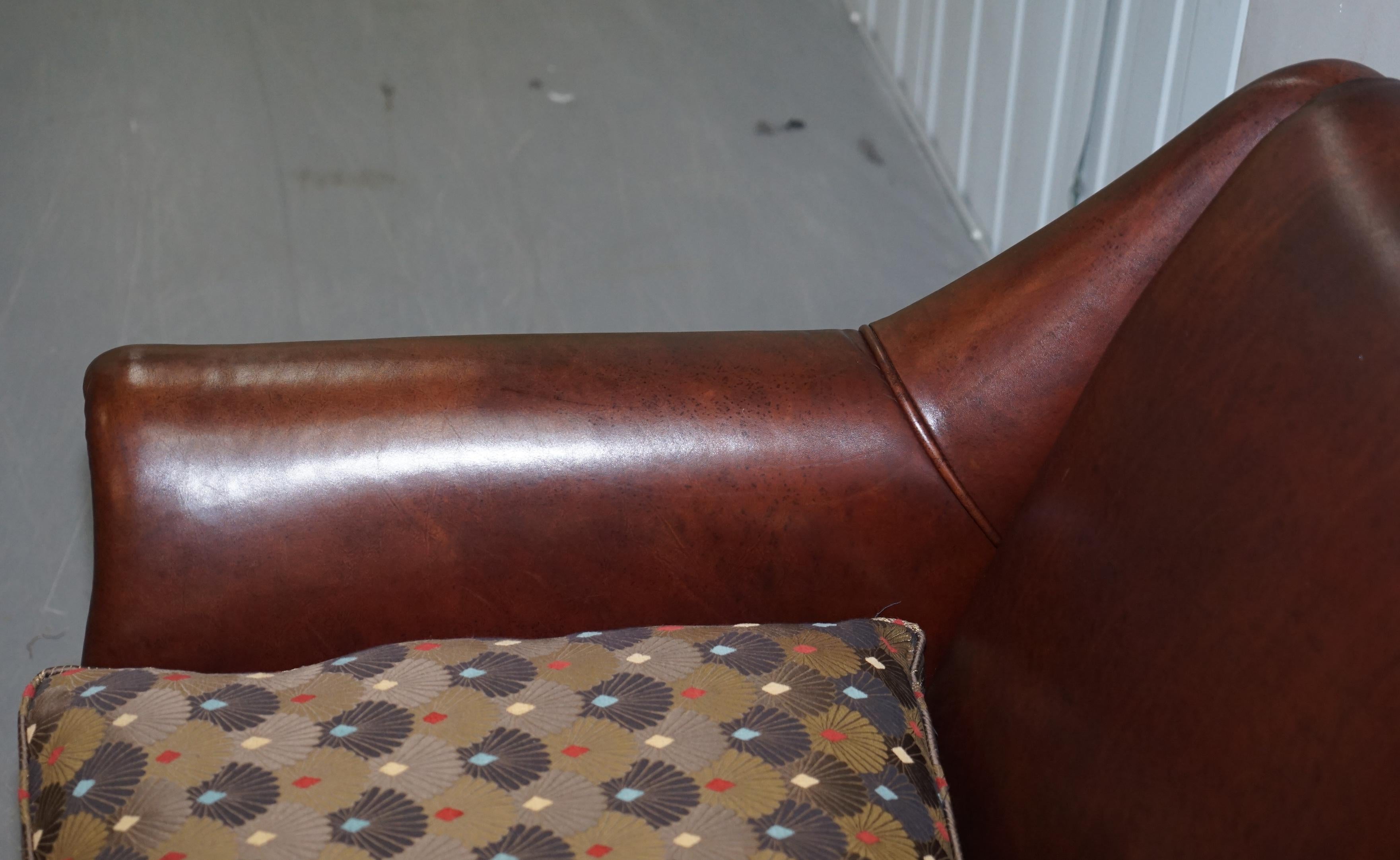 Vintage Aged Brown Leather Sofa with Liberty's of London Upholstered Cushions 3