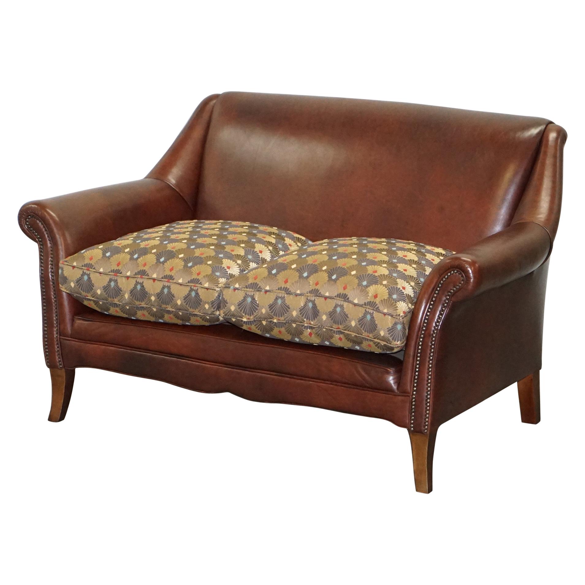 Vintage Aged Brown Leather Sofa with Liberty's of London Upholstered Cushions