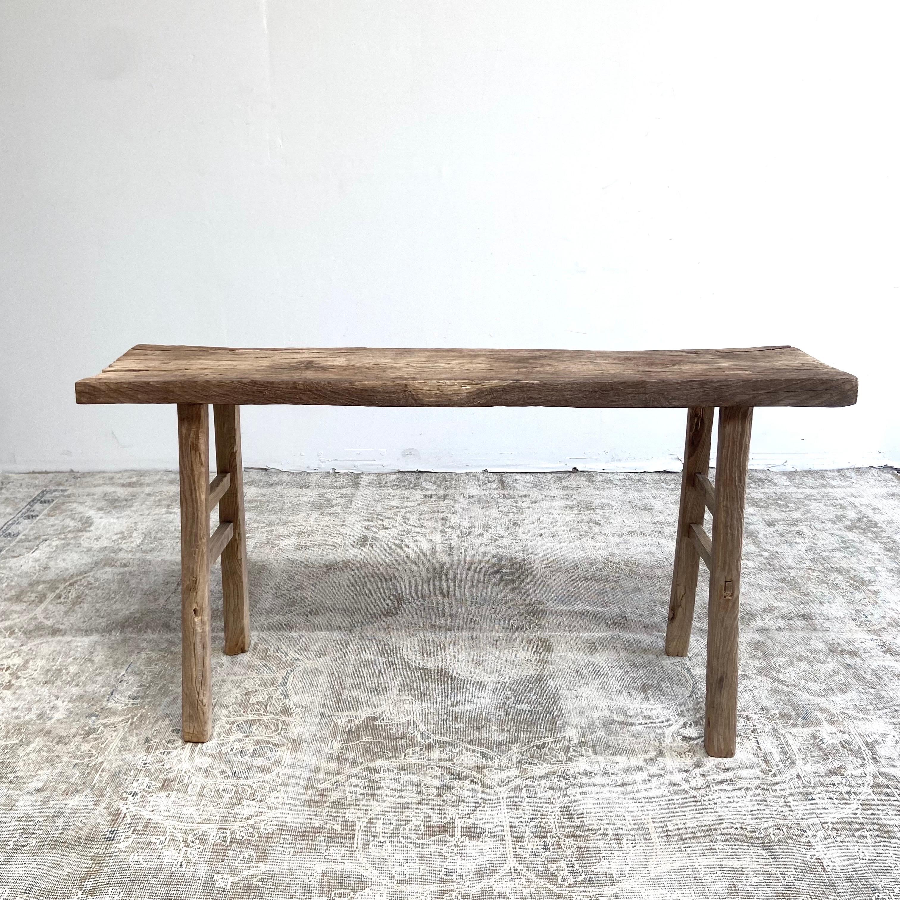 Antique elm wood console table Beautiful antique patina, with weathering and age, these are solid and sturdy ready for daily use, use as a entry table, sofa table or console in a dining room. Great in a living room with baskets or ottomans stored