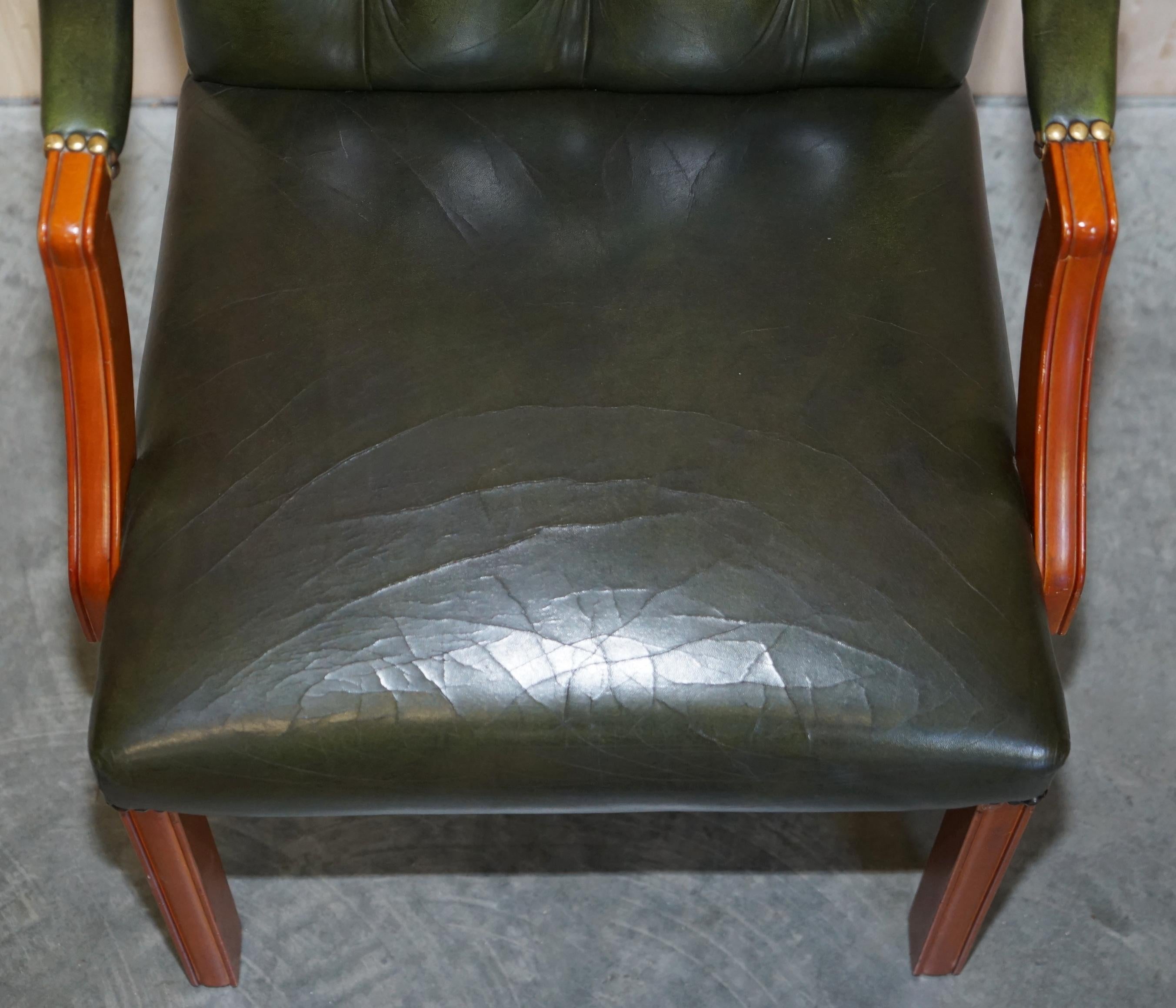 English Vintage Aged Regency Green Leather Chesterfield Tufted Office Directors Armchair For Sale