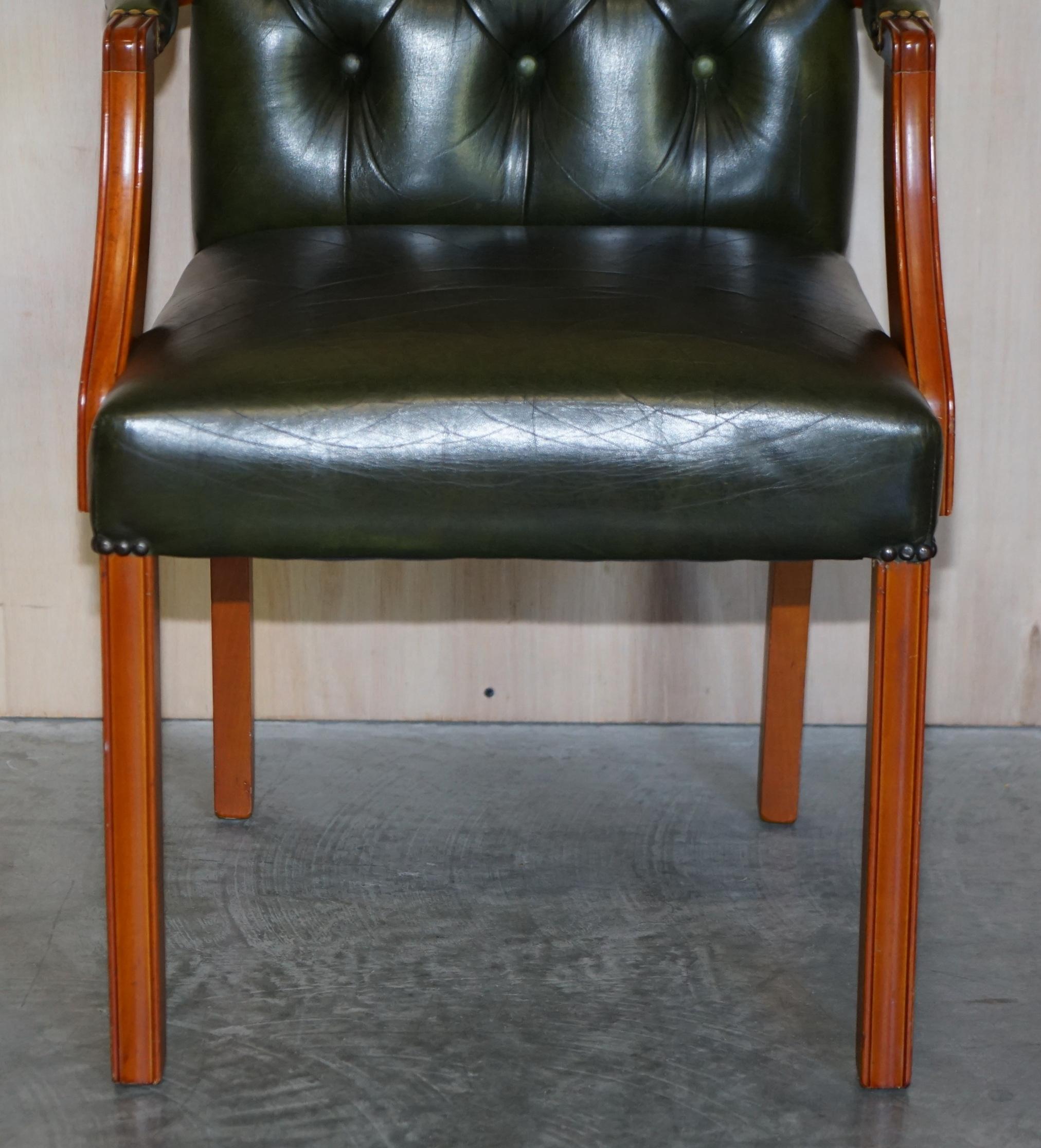 Vintage Aged Regency Green Leather Chesterfield Tufted Office Directors Armchair For Sale 1