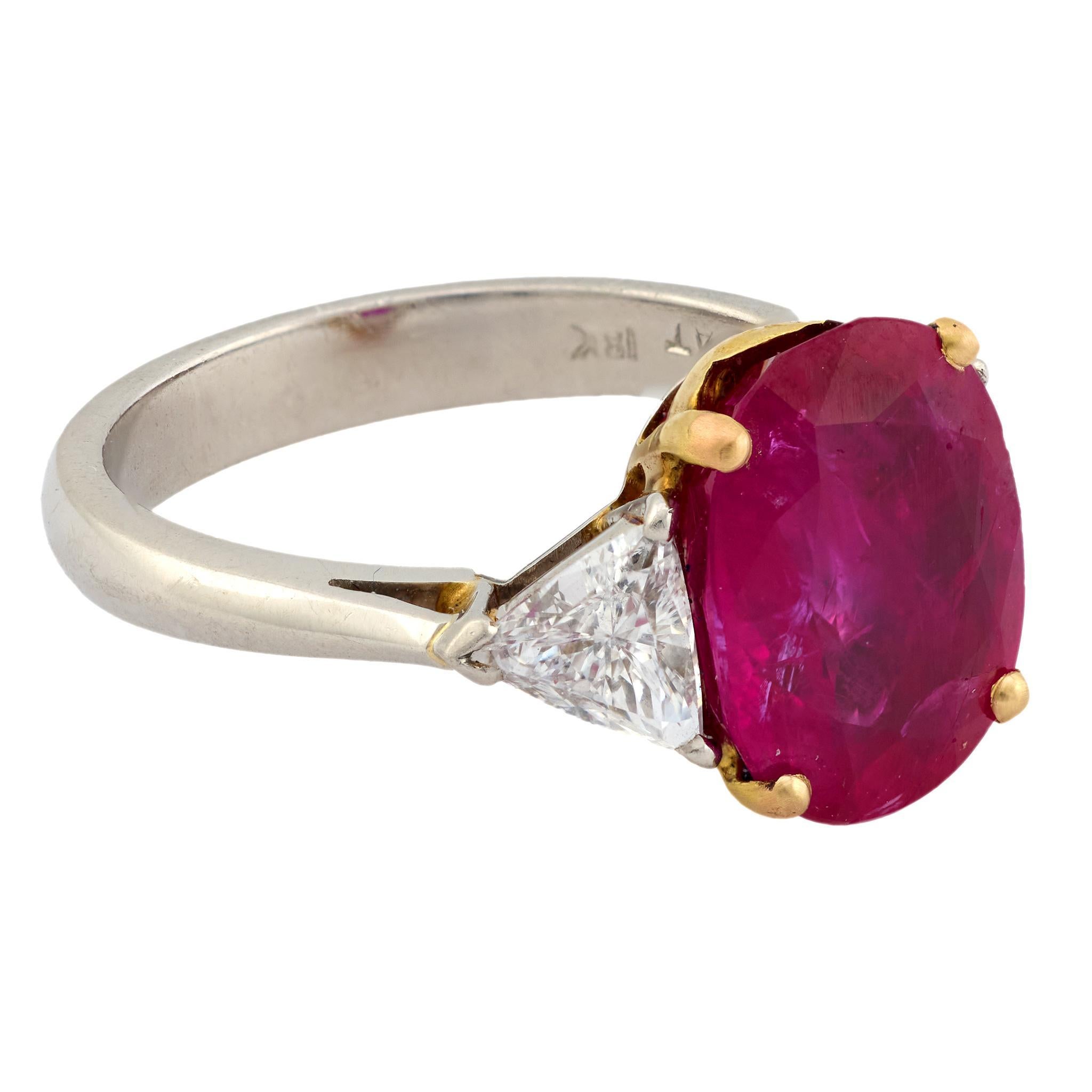 Oval Cut Vintage AGL 4.68 carat Burma no heat ruby diamond platinum ring For Sale