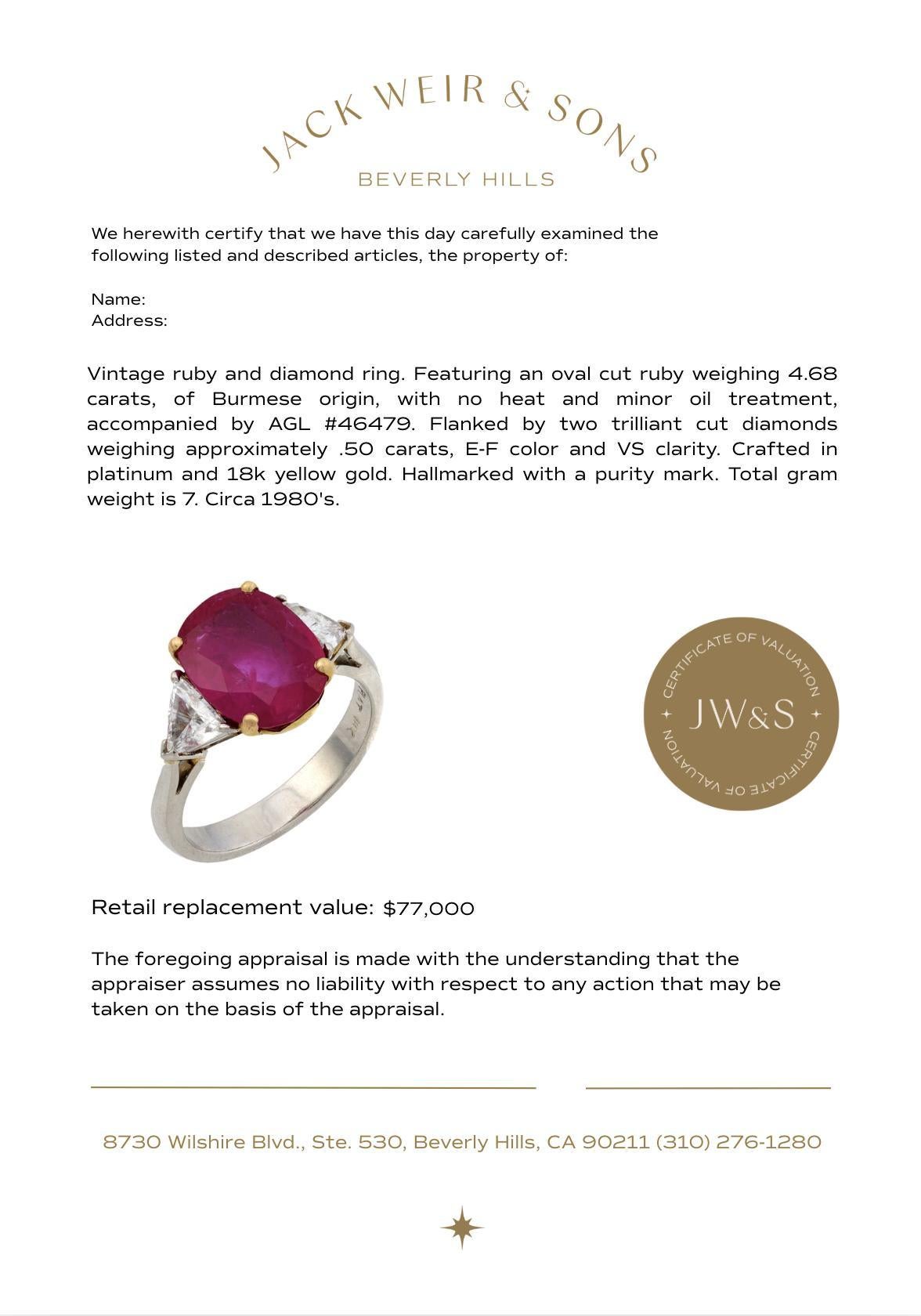 Vintage AGL 4.68 carat Burma no heat ruby diamond platinum ring In Good Condition For Sale In Beverly Hills, CA