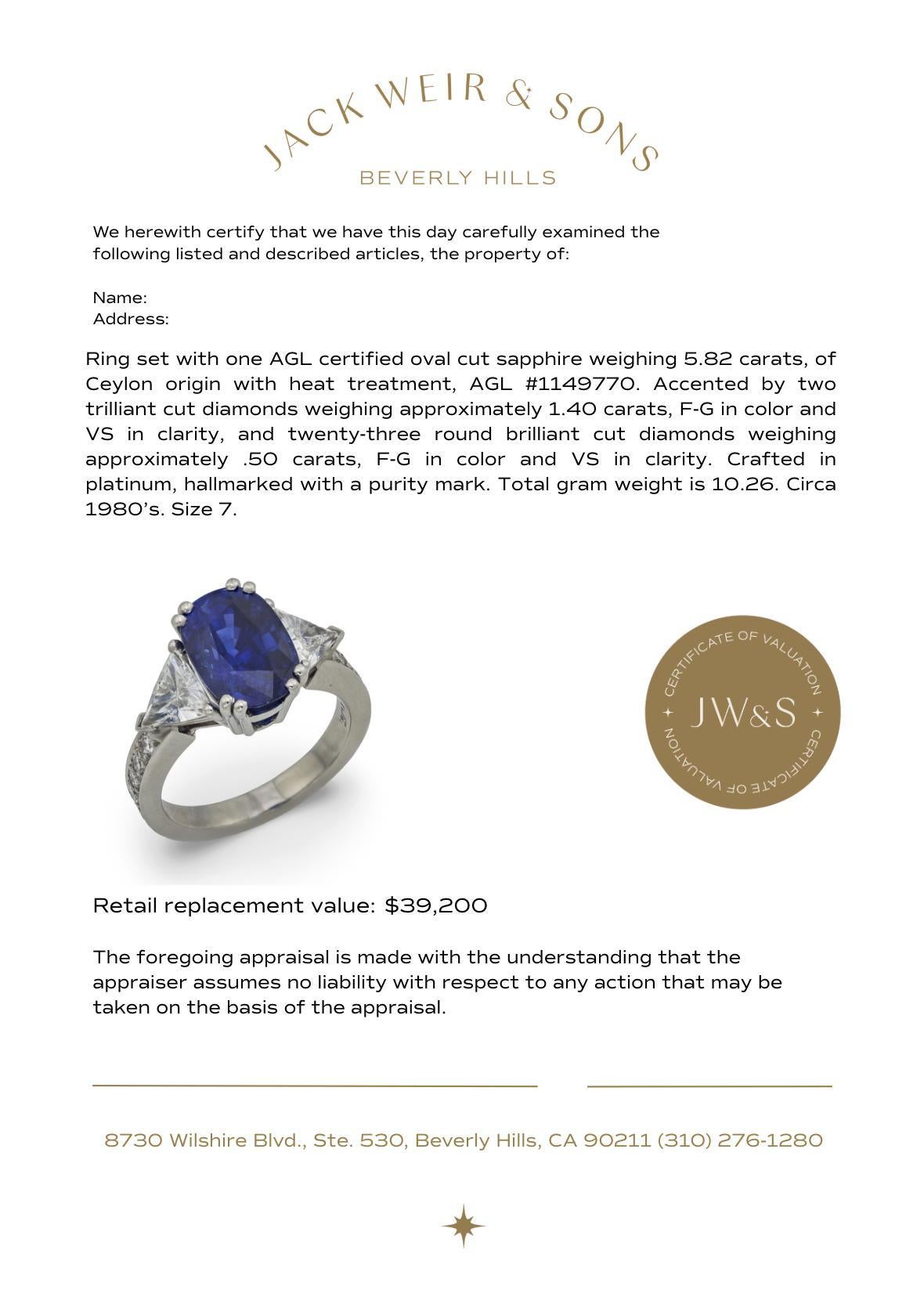 Bague de fiançailles vintage AGL 5,82 carats saphir de Ceylan diamant platine en vente 2