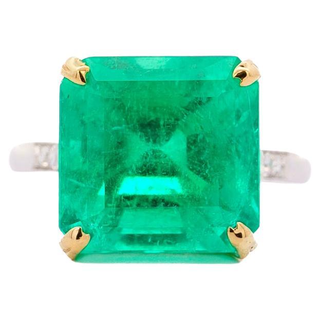 Vintage AGL Certified 11.28 Carat Colombian Emerald & Old Euro Cut Diamond Ring For Sale