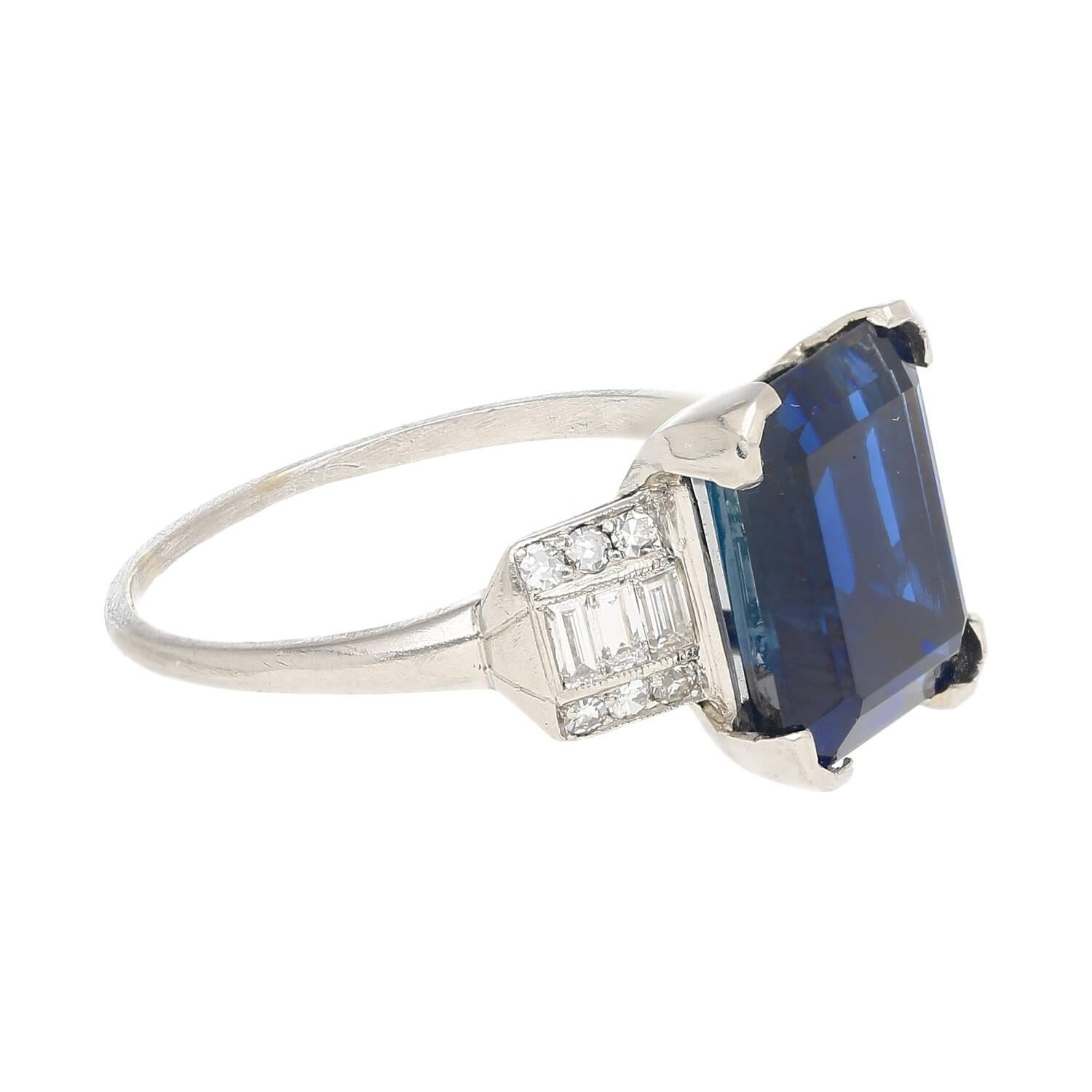 Emerald Cut Vintage AGL Certified 6.80 Carat No Heat Blue Sapphire and Diamond Platinum Ring For Sale