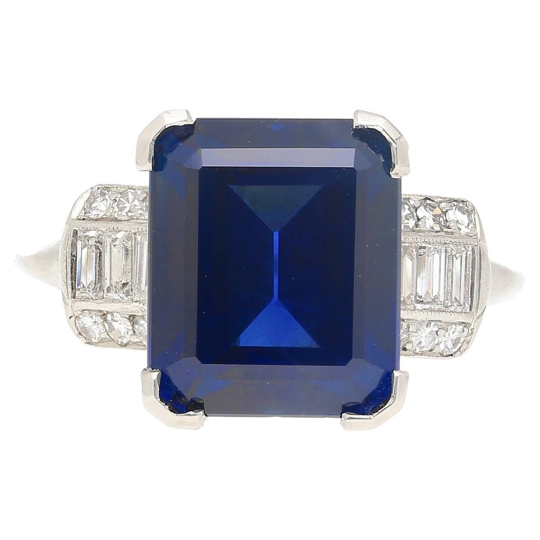 Vintage AGL Certified 6.80 Carat No Heat Blue Sapphire and Diamond Platinum Ring For Sale