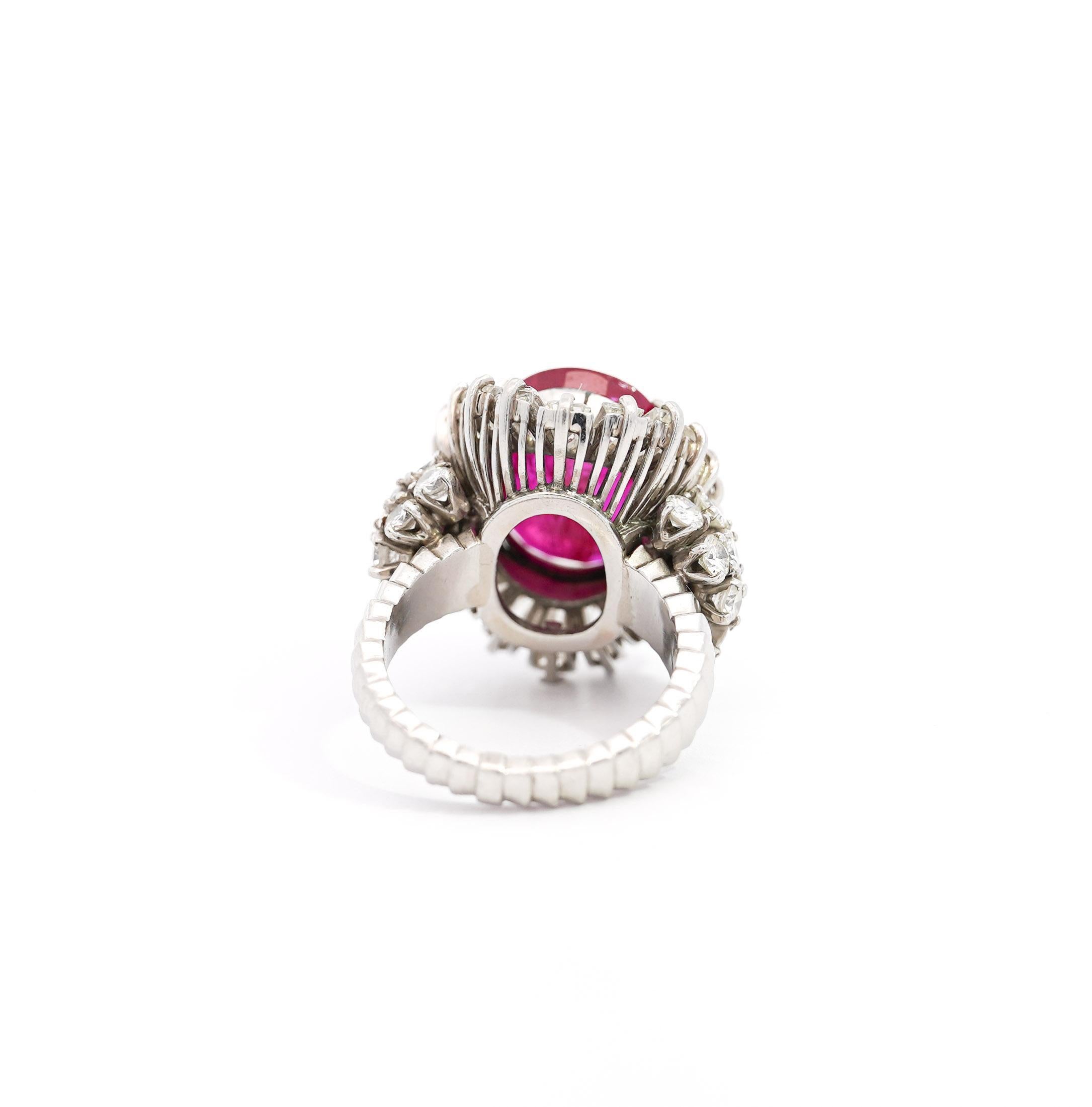 Vintage AGL Certified 6.95 Carat No Heat Burma Ruby & Diamond Cocktail Ring For Sale 1