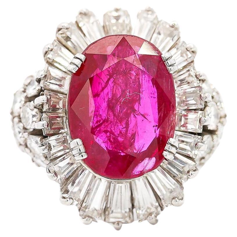 Vintage AGL Certified 6.95 Carat No Heat Burma Ruby & Diamond Cocktail Ring For Sale
