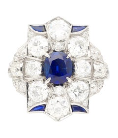 Vintage AGL Certified No Heat Blue Sapphire & Old Euro Cut Diamond Platinum Ring