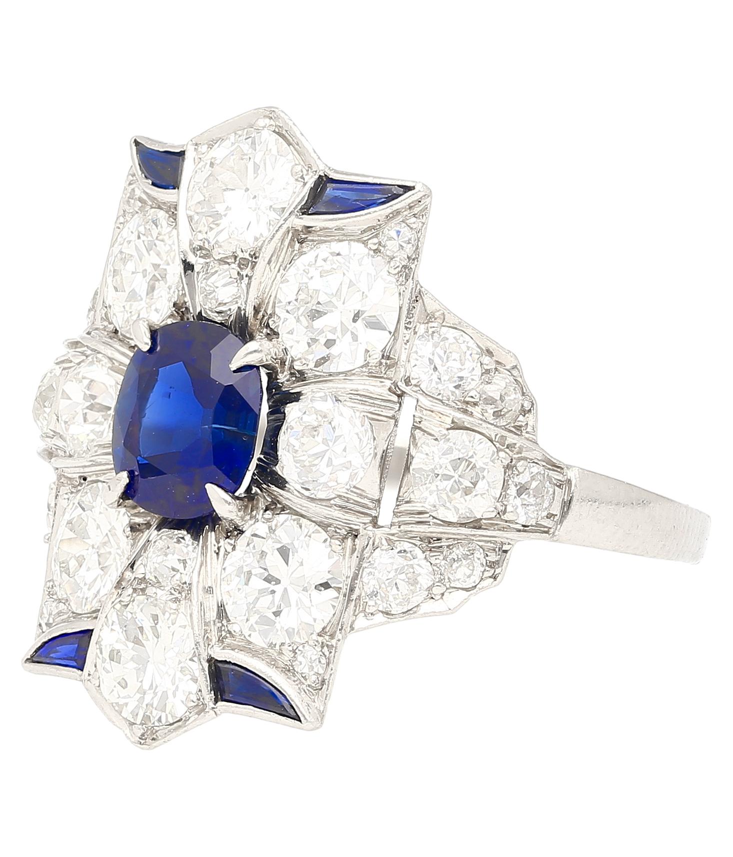 Art Deco Vintage AGL Certified No Heat Blue Sapphire & Old Euro Cut Diamond Platinum Ring For Sale