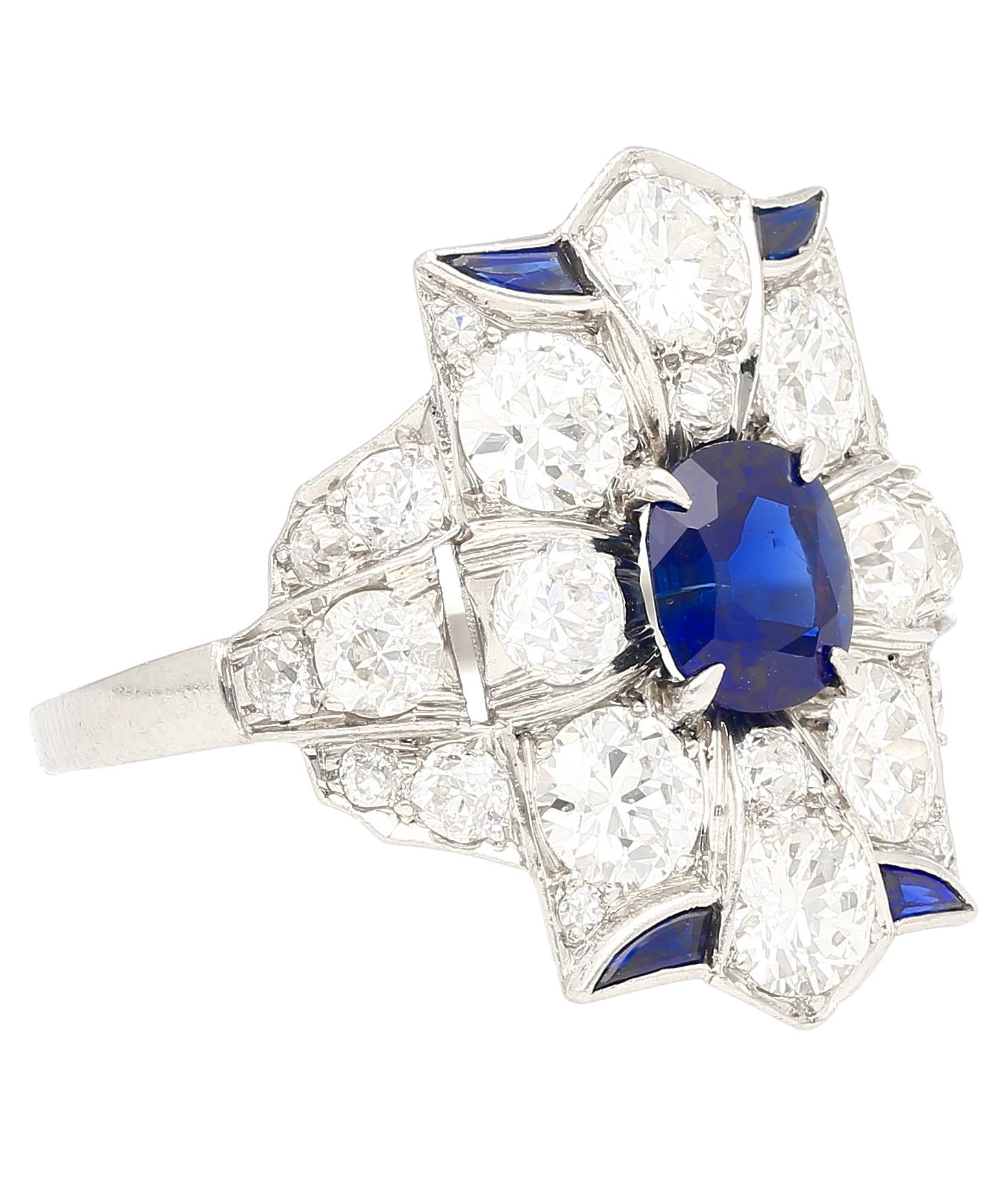Old European Cut Vintage AGL Certified No Heat Blue Sapphire & Old Euro Cut Diamond Platinum Ring For Sale