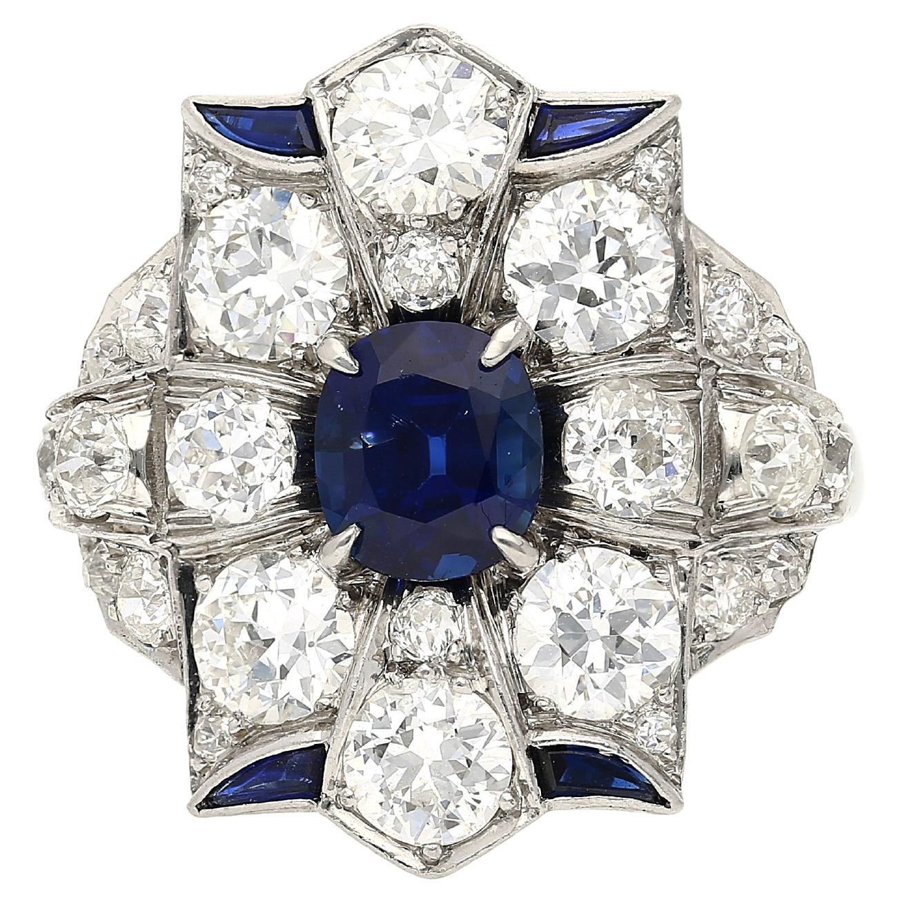 Vintage AGL Certified No Heat Blue Sapphire & Old Euro Cut Diamond Platinum Ring For Sale