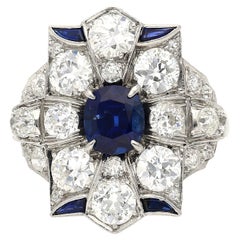 Vintage AGL Certified No Heat Blue Sapphire & Old Euro Cut Diamond Platinum Ring