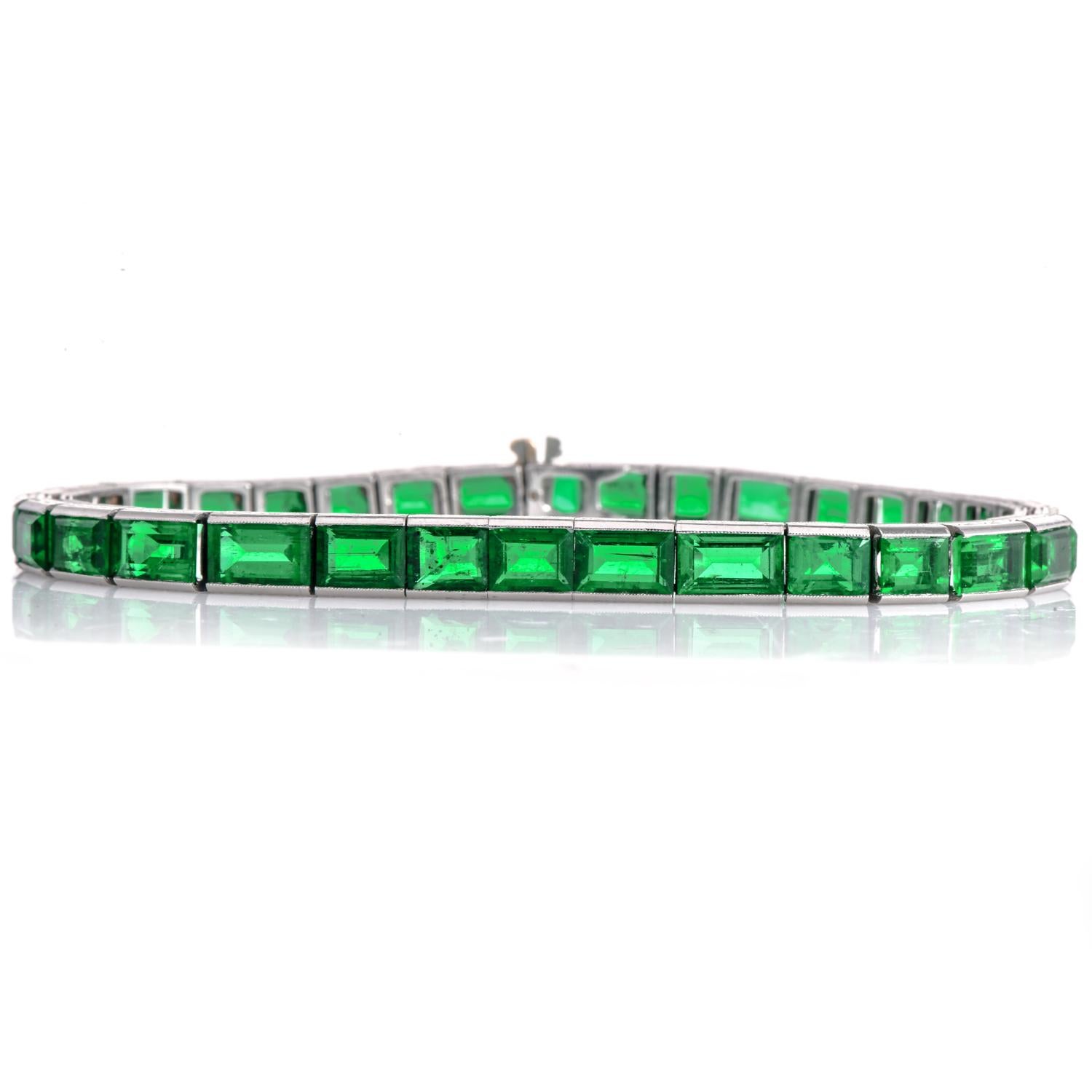 AGL-certified Emerald Platinum Tennis Bracelet

Presenting a Line tennis bracelet crafted in Platinum with Gem Quality Emeralds.

Beautiful Vibrant and lively green emeralds line together on an engraved channel set bracelet. 

Secured with an Insert