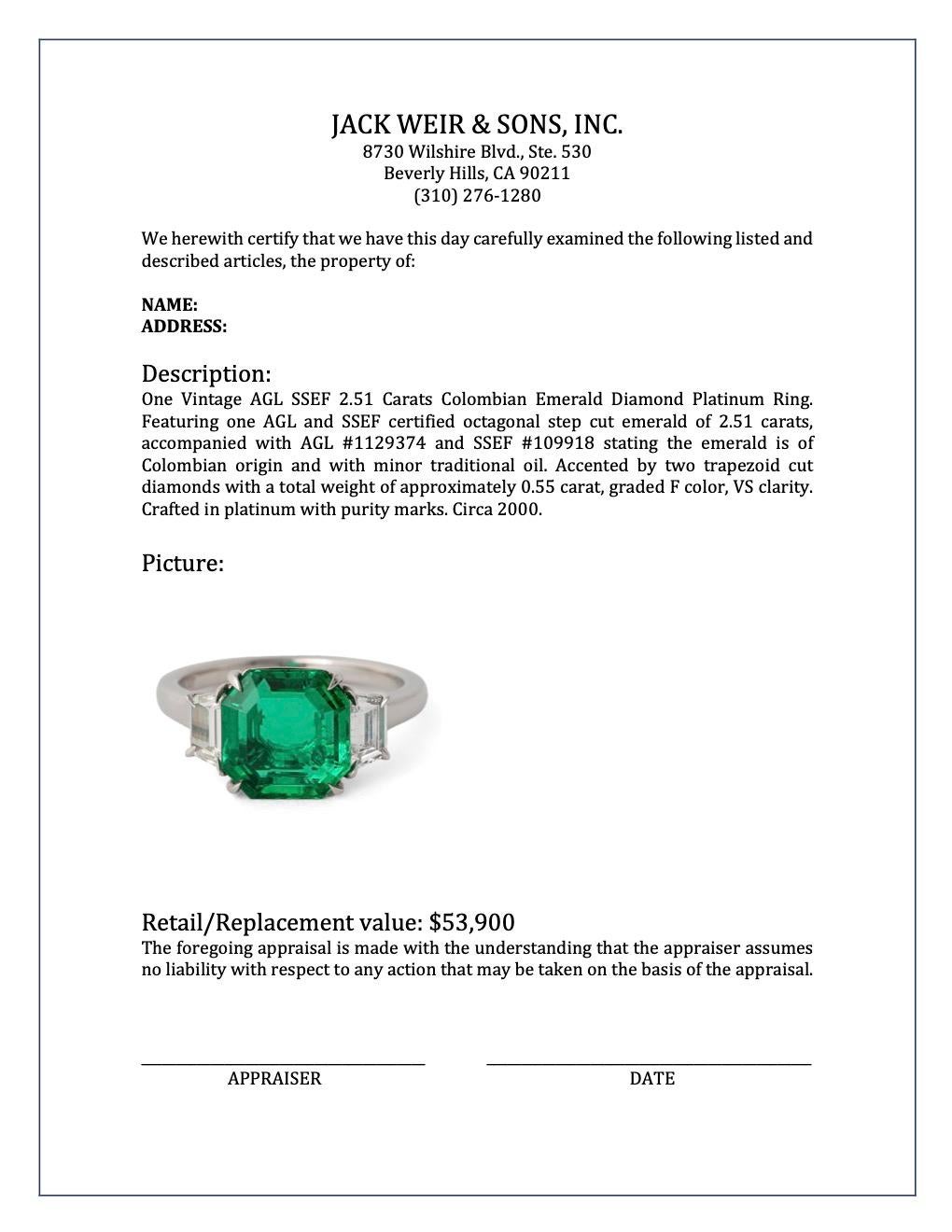 Vintage AGL SSEF 2.51 Carats Colombian Emerald Diamond Platinum Ring For Sale 3