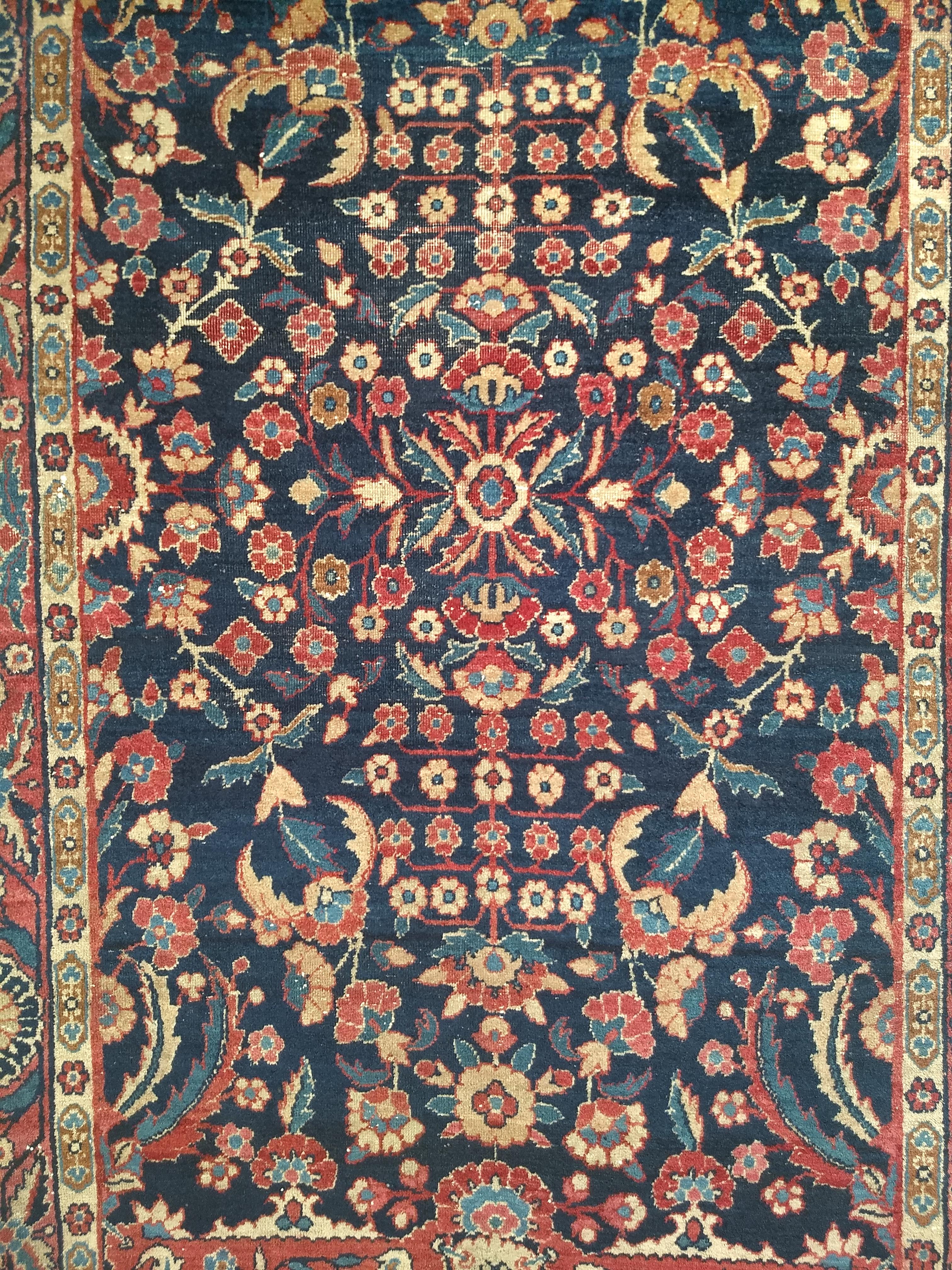 Indian Vintage Agra Rug in Allover Floral Pattern in Navy Blue and Red Colors For Sale
