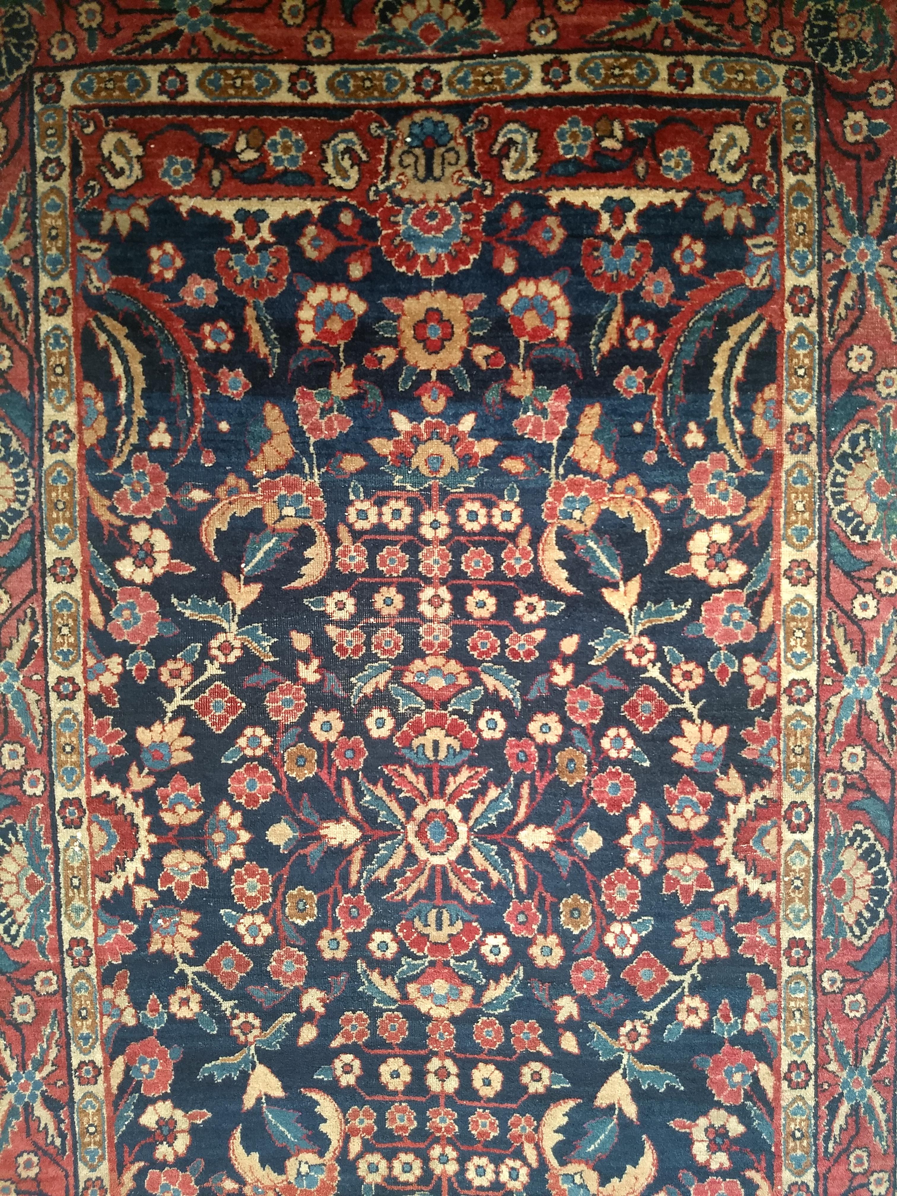 Hand-Knotted Vintage Agra Rug in Allover Floral Pattern in Navy Blue and Red Colors For Sale