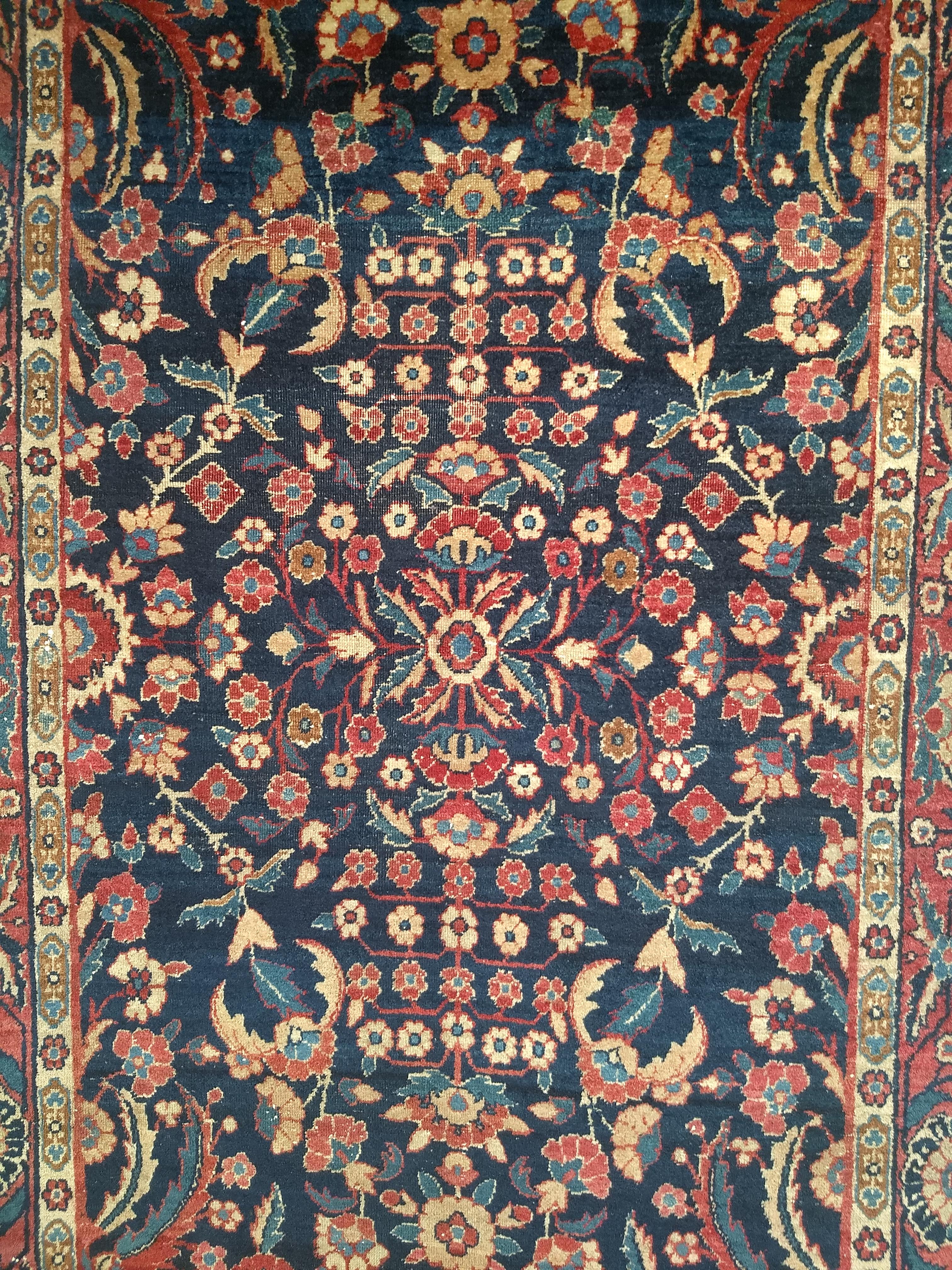 Vintage Agra Rug in Allover Floral Pattern in Navy Blue and Red Colors In Good Condition For Sale In Barrington, IL