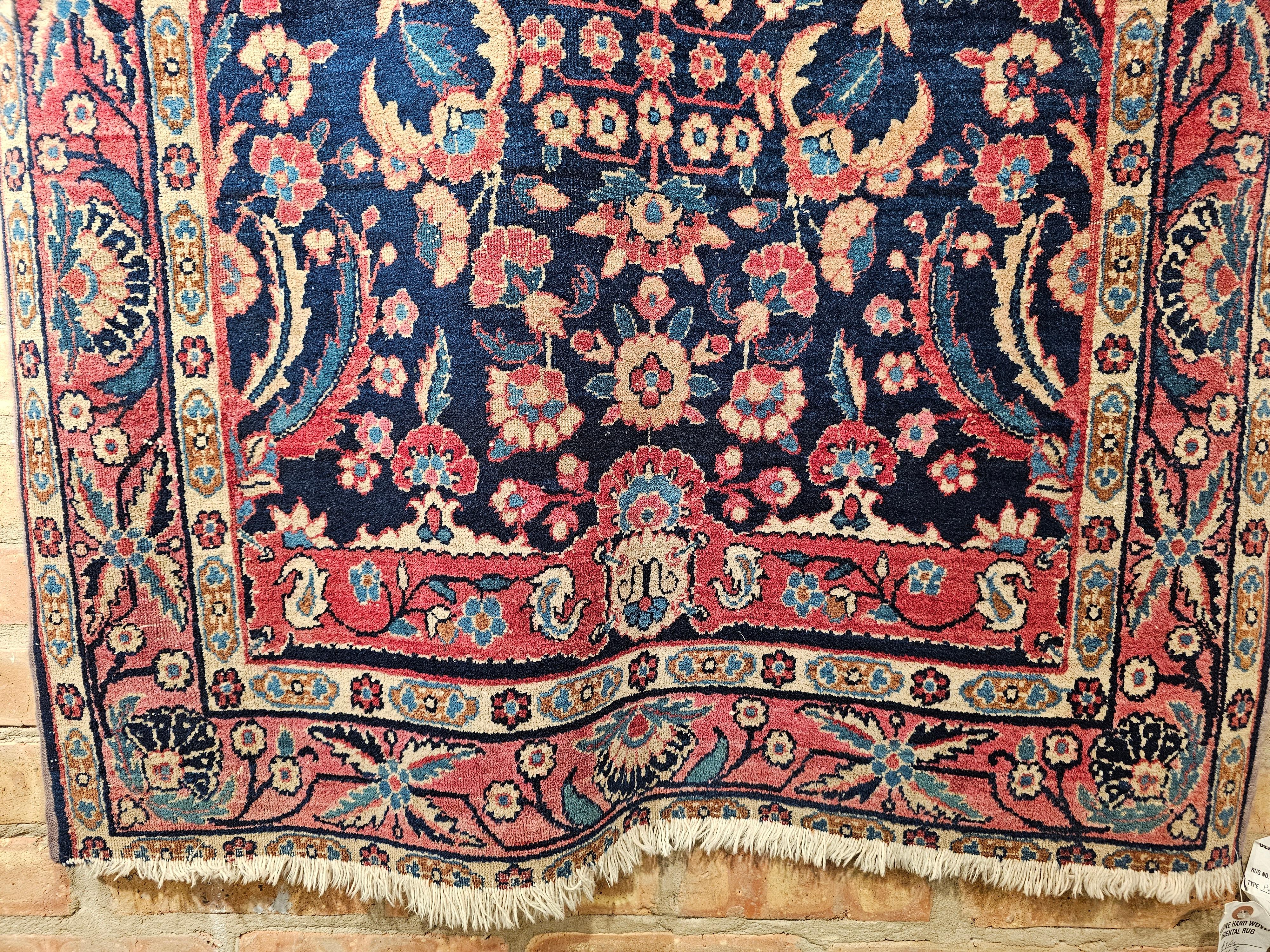 20th Century Vintage Agra Rug in Allover Floral Pattern in Navy Blue and Red Colors For Sale