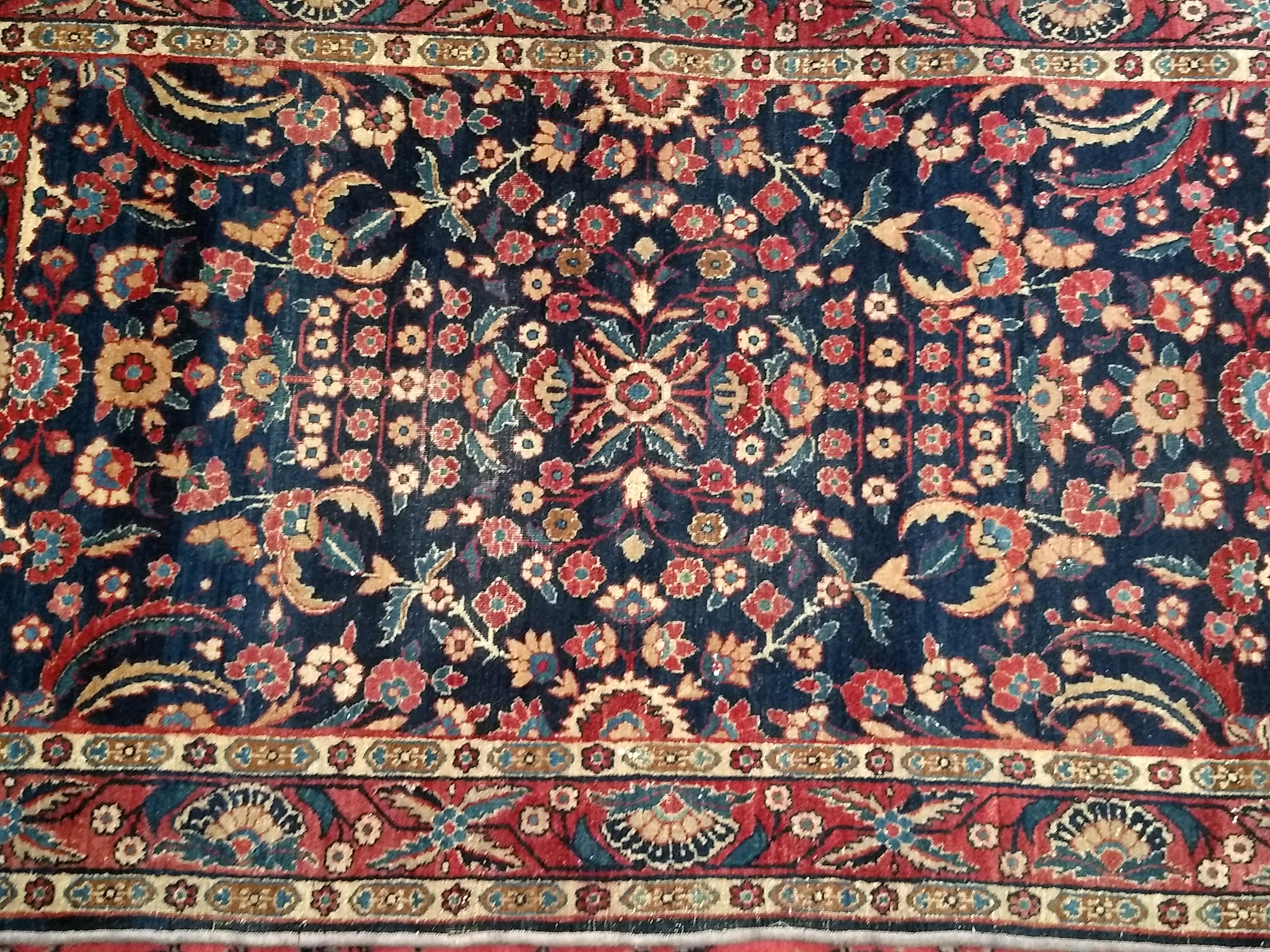 Wool Vintage Agra Rug in Allover Floral Pattern in Navy Blue and Red Colors For Sale