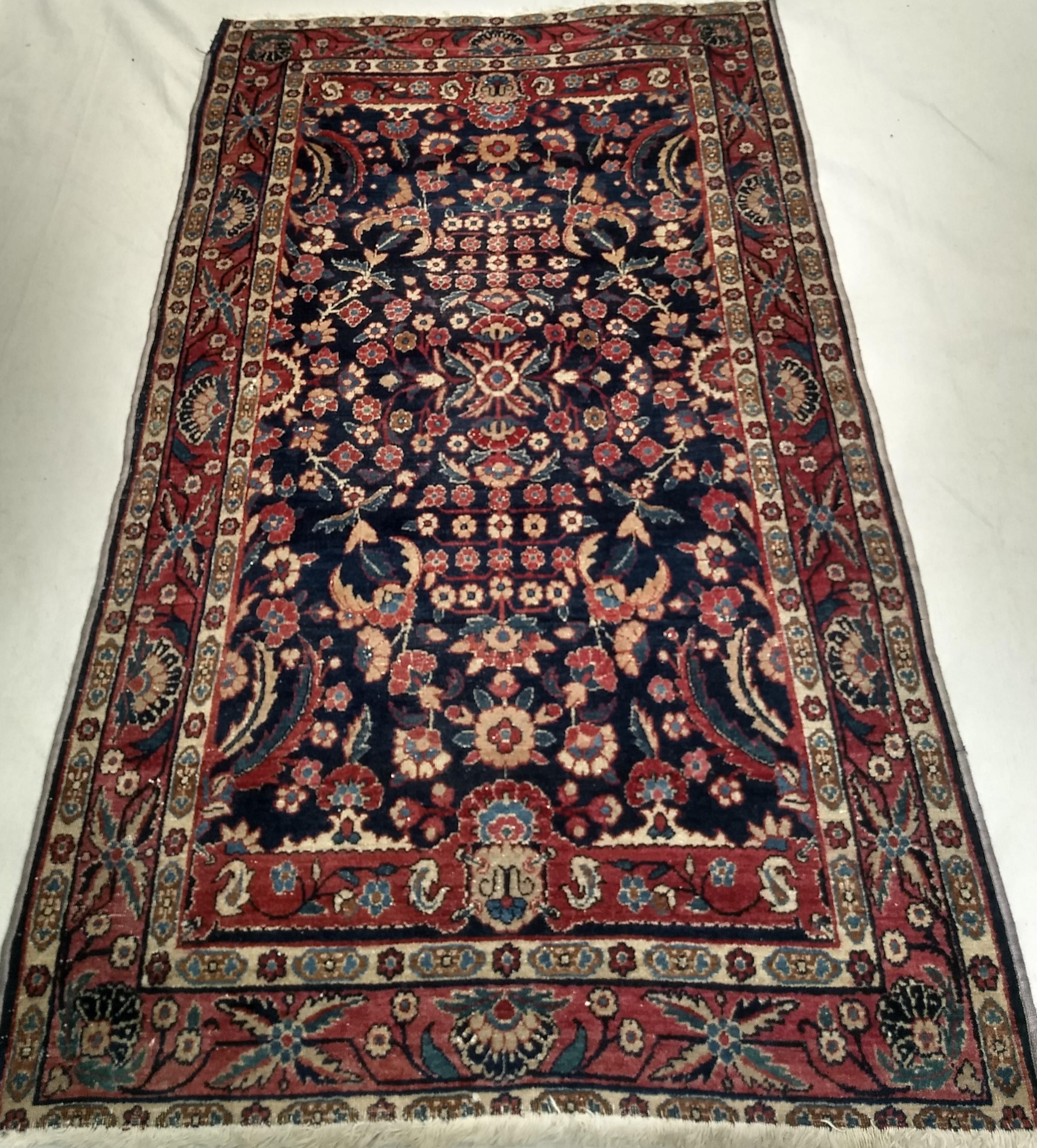 Vintage Agra Rug in Allover Floral Pattern in Navy Blue and Red Colors For Sale 1
