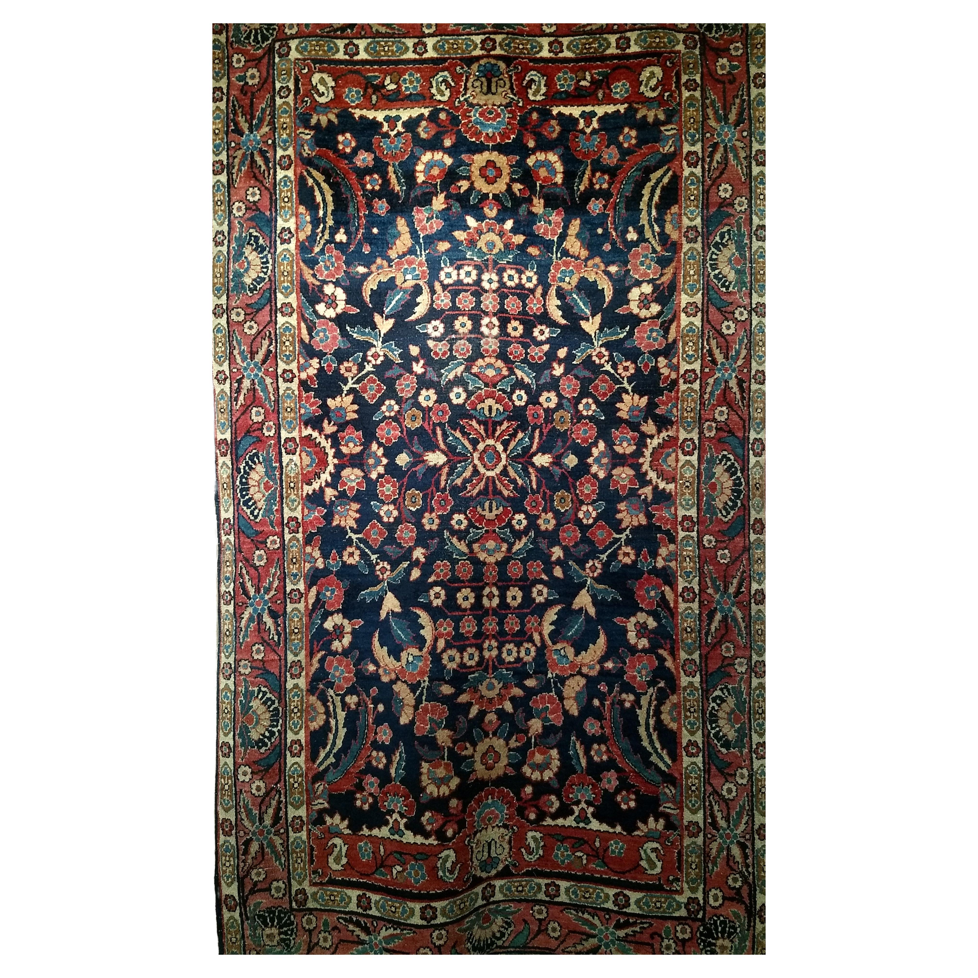 Vintage Agra Rug in Allover Floral Pattern in Navy Blue and Red Colors For Sale