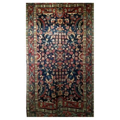 Vintage Agra Rug in Allover Floral Pattern in Navy Blue and Red Colors