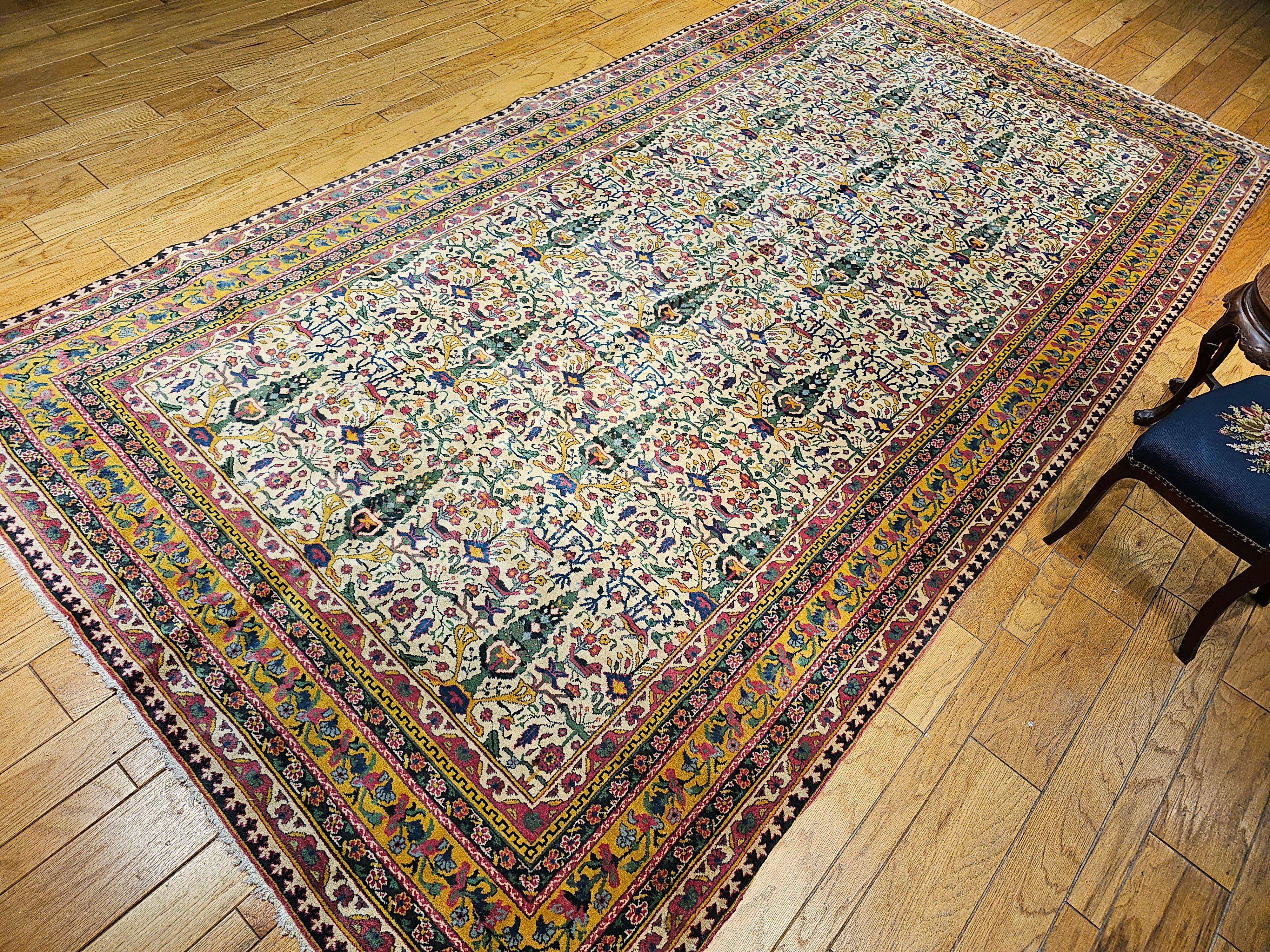 Vintage Agra Gallery Size Rug in All Over Pattern in Ivory, Green, Pink, Yellow For Sale 3