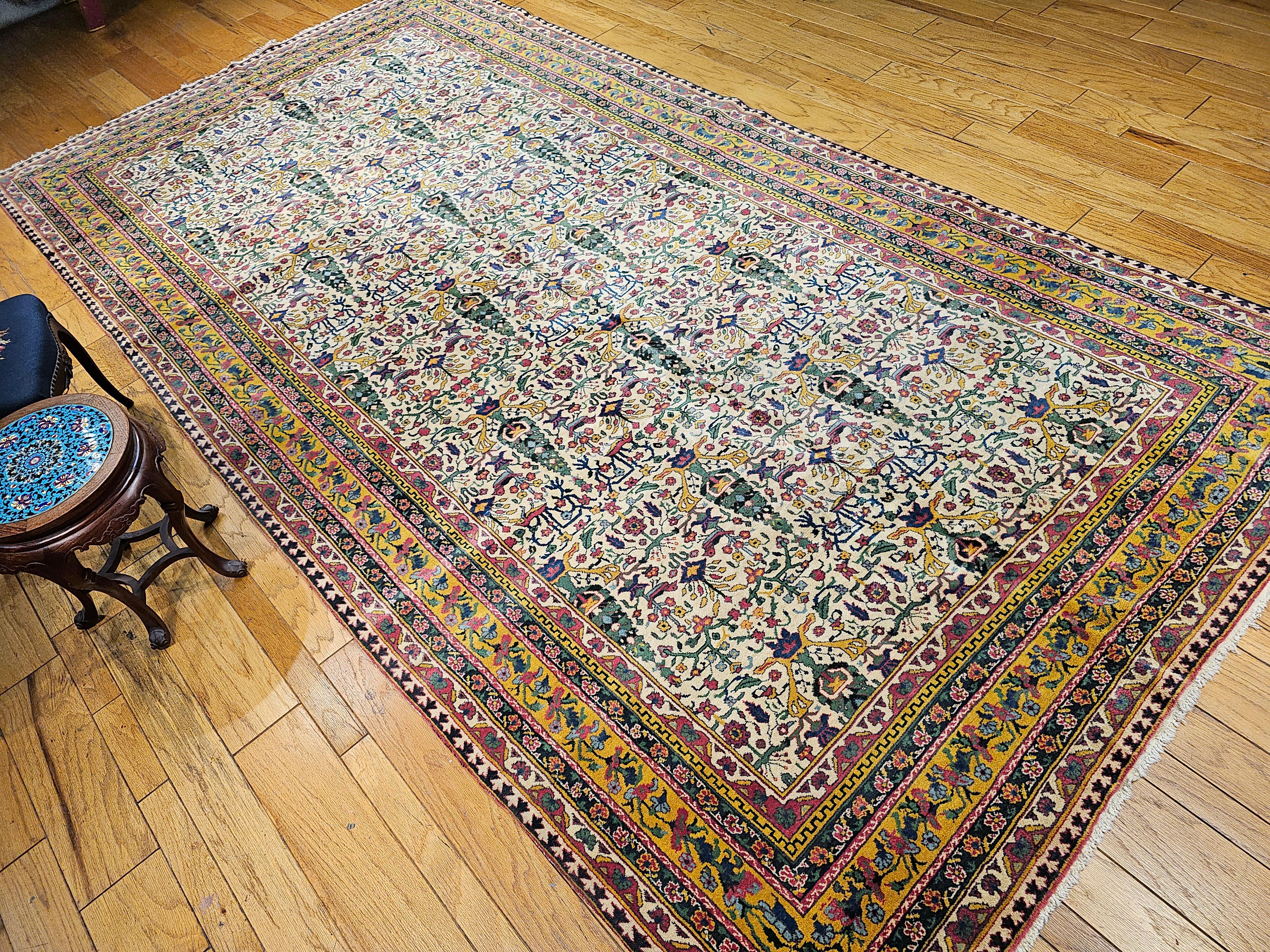 Vintage Agra Gallery Size Rug in All Over Pattern in Ivory, Green, Pink, Yellow For Sale 5