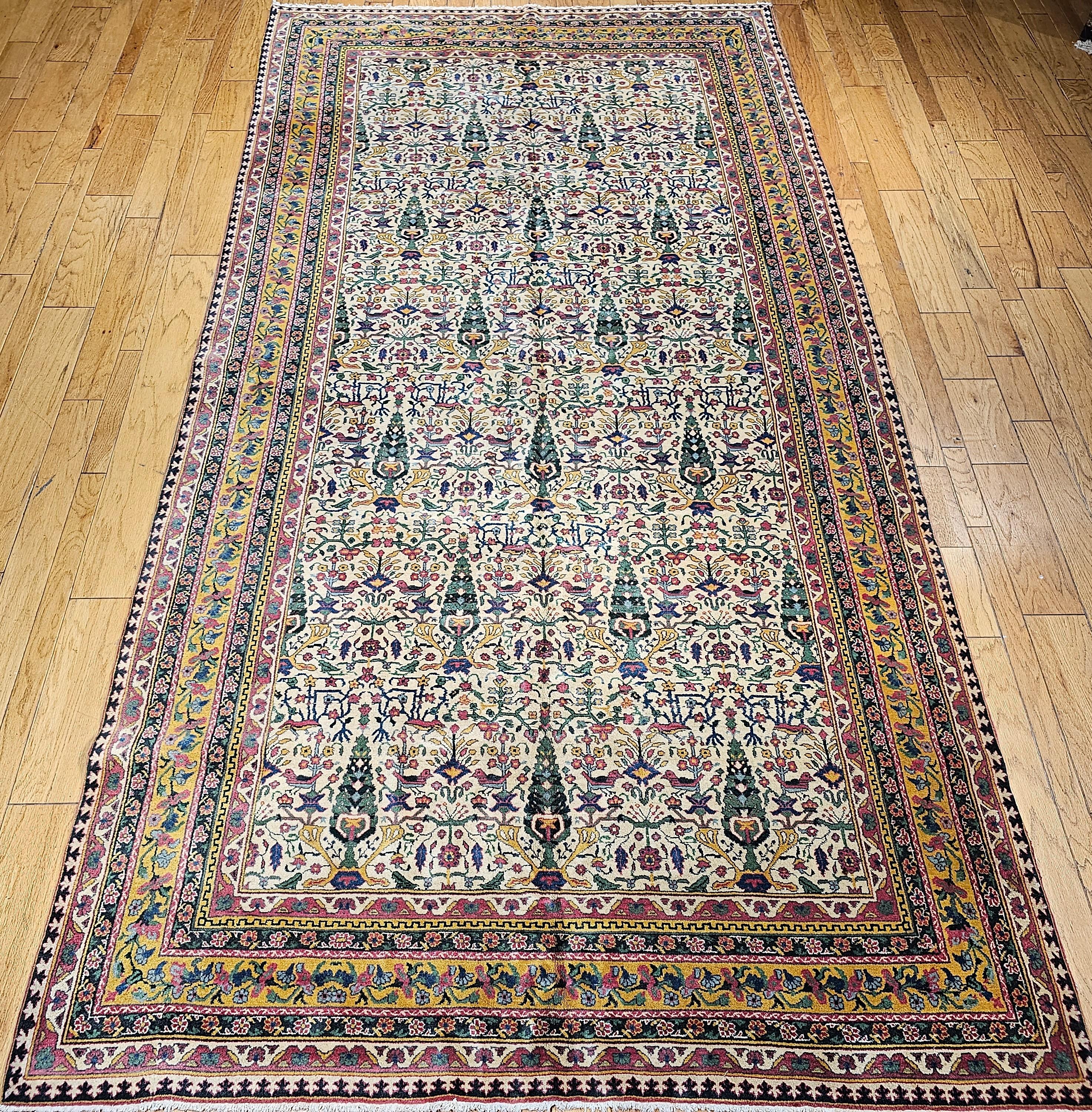 Vintage Agra Gallery Size Rug in All Over Pattern in Ivory, Green, Pink, Yellow For Sale 7