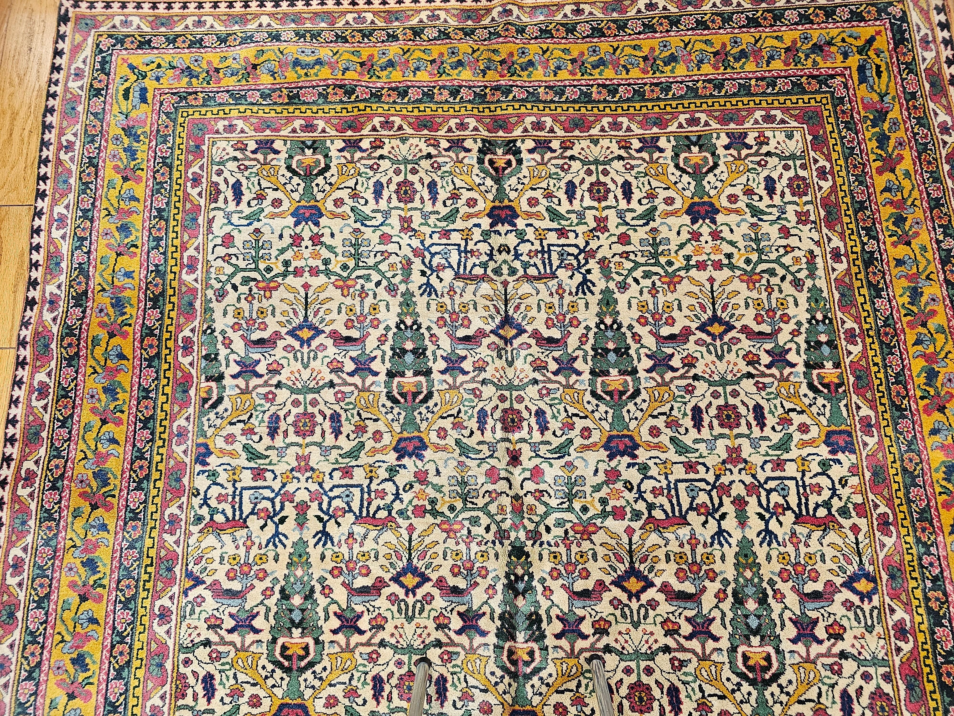Indian Vintage Agra Gallery Size Rug in All Over Pattern in Ivory, Green, Pink, Yellow For Sale