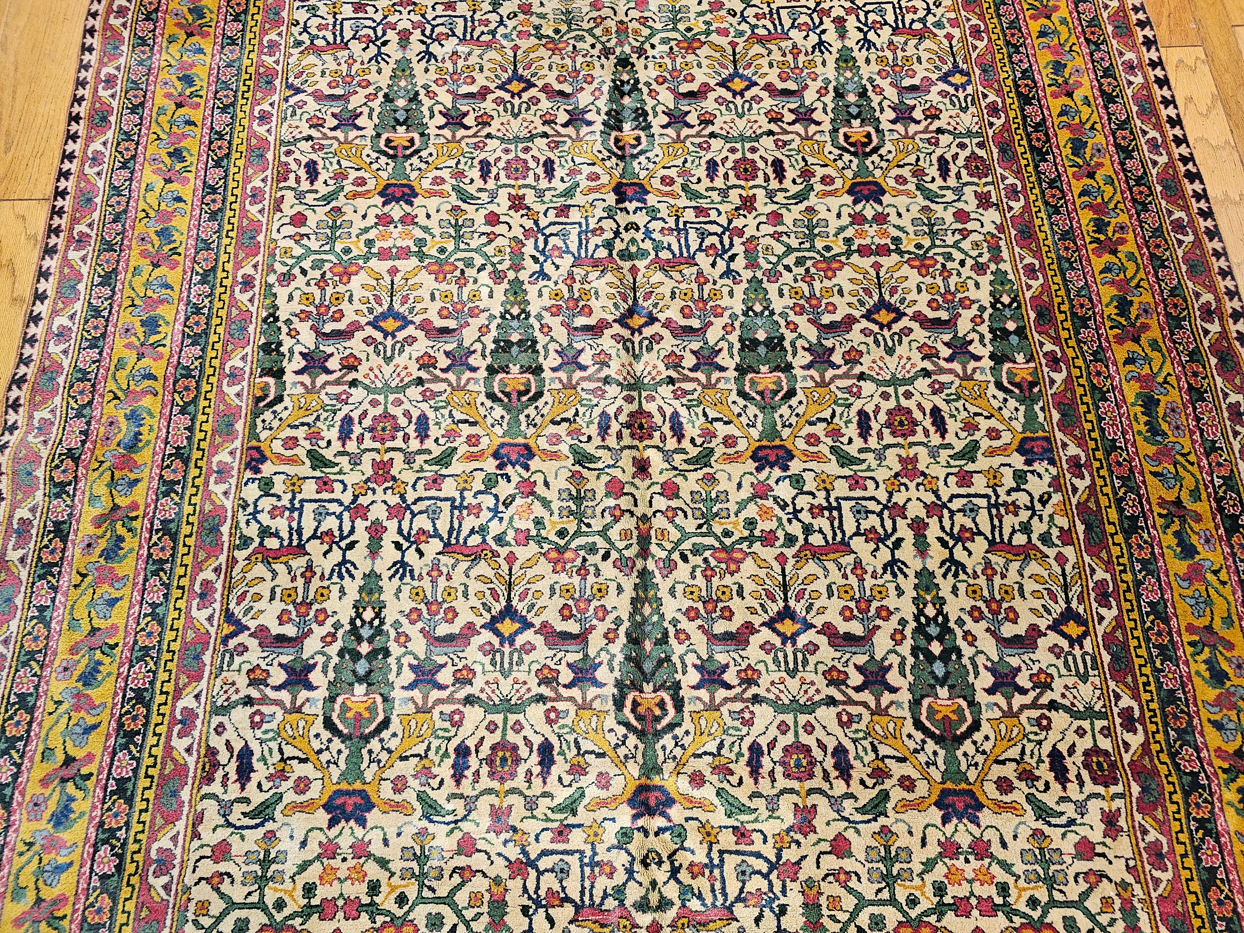 Hand-Woven Vintage Agra Gallery Size Rug in All Over Pattern in Ivory, Green, Pink, Yellow For Sale
