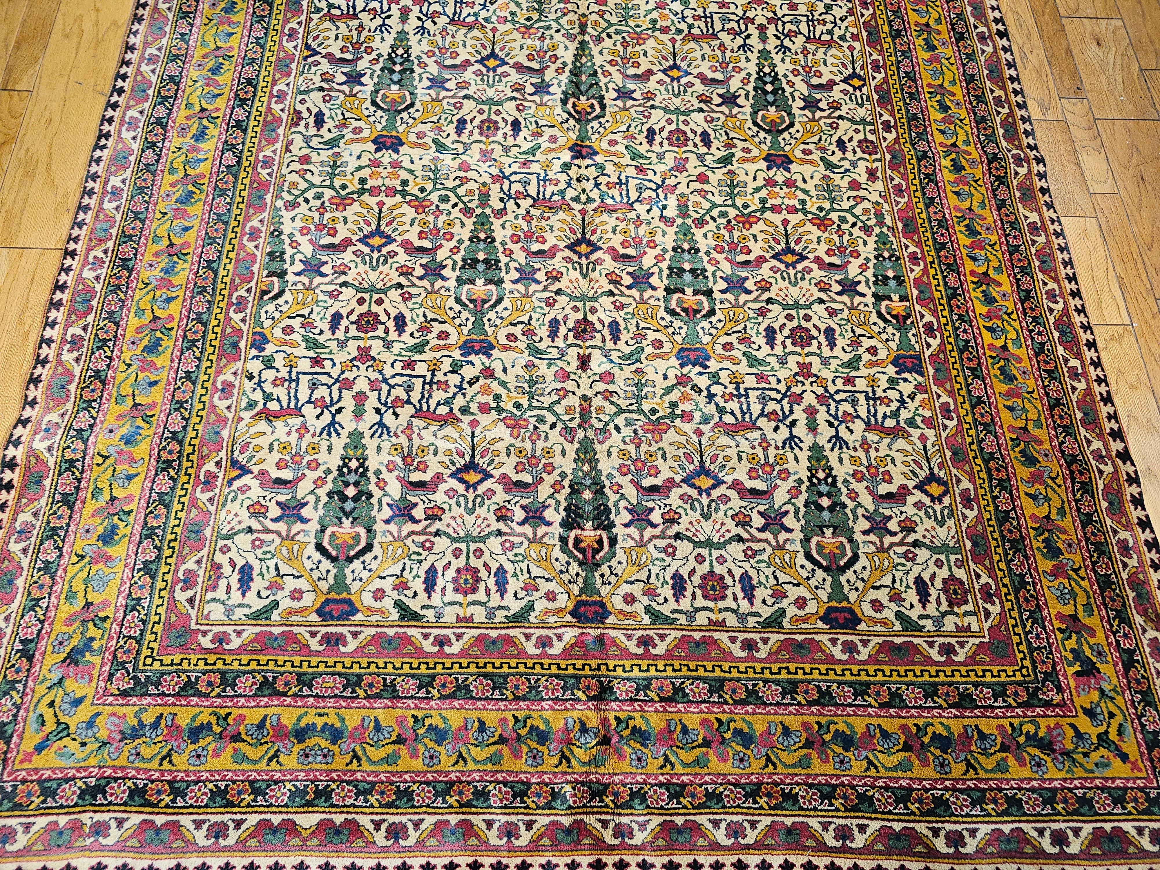 Vintage Agra Gallery Size Rug in All Over Pattern in Ivory, Green, Pink, Yellow In Good Condition For Sale In Barrington, IL