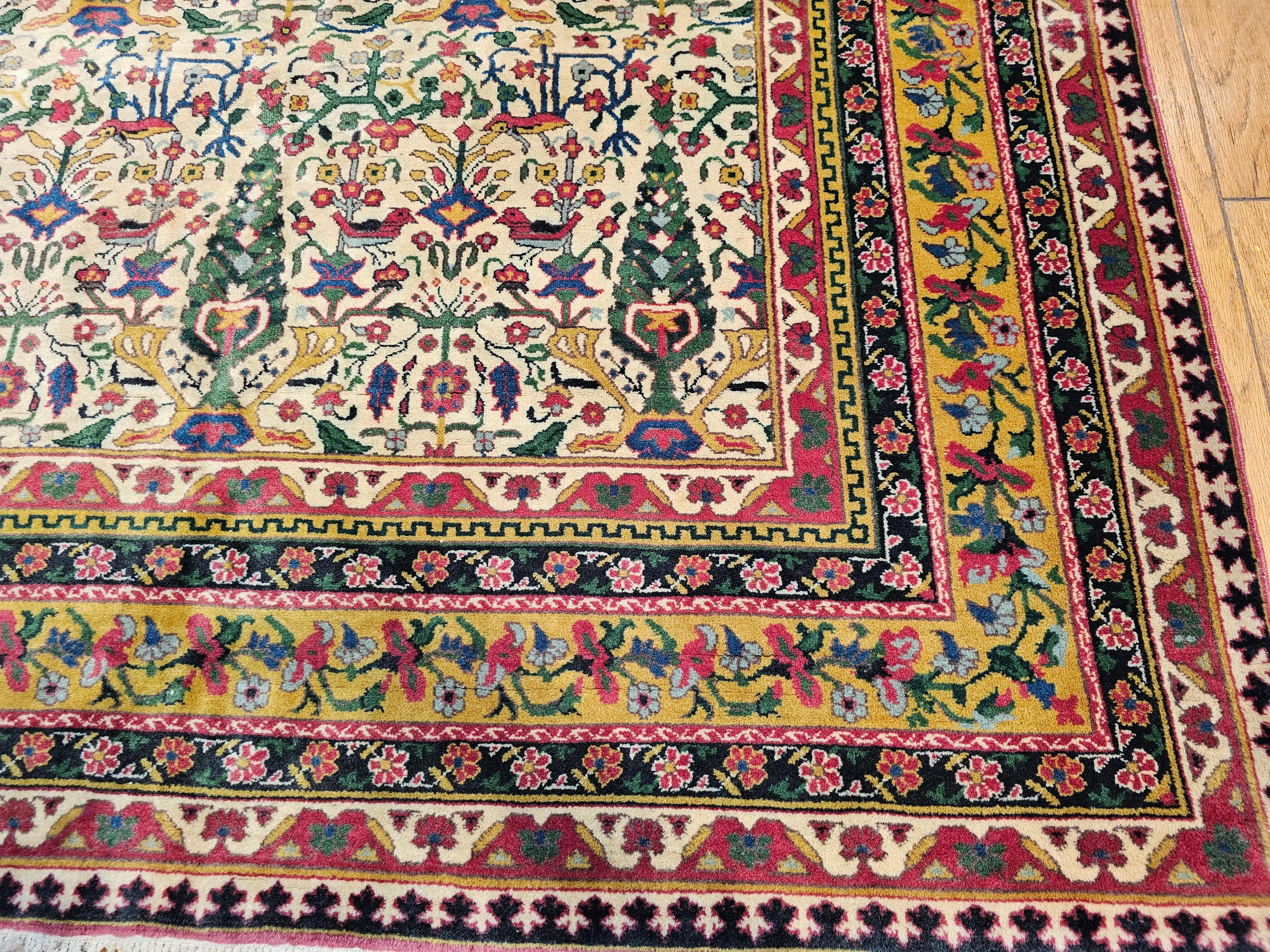 Wool Vintage Agra Gallery Size Rug in All Over Pattern in Ivory, Green, Pink, Yellow For Sale
