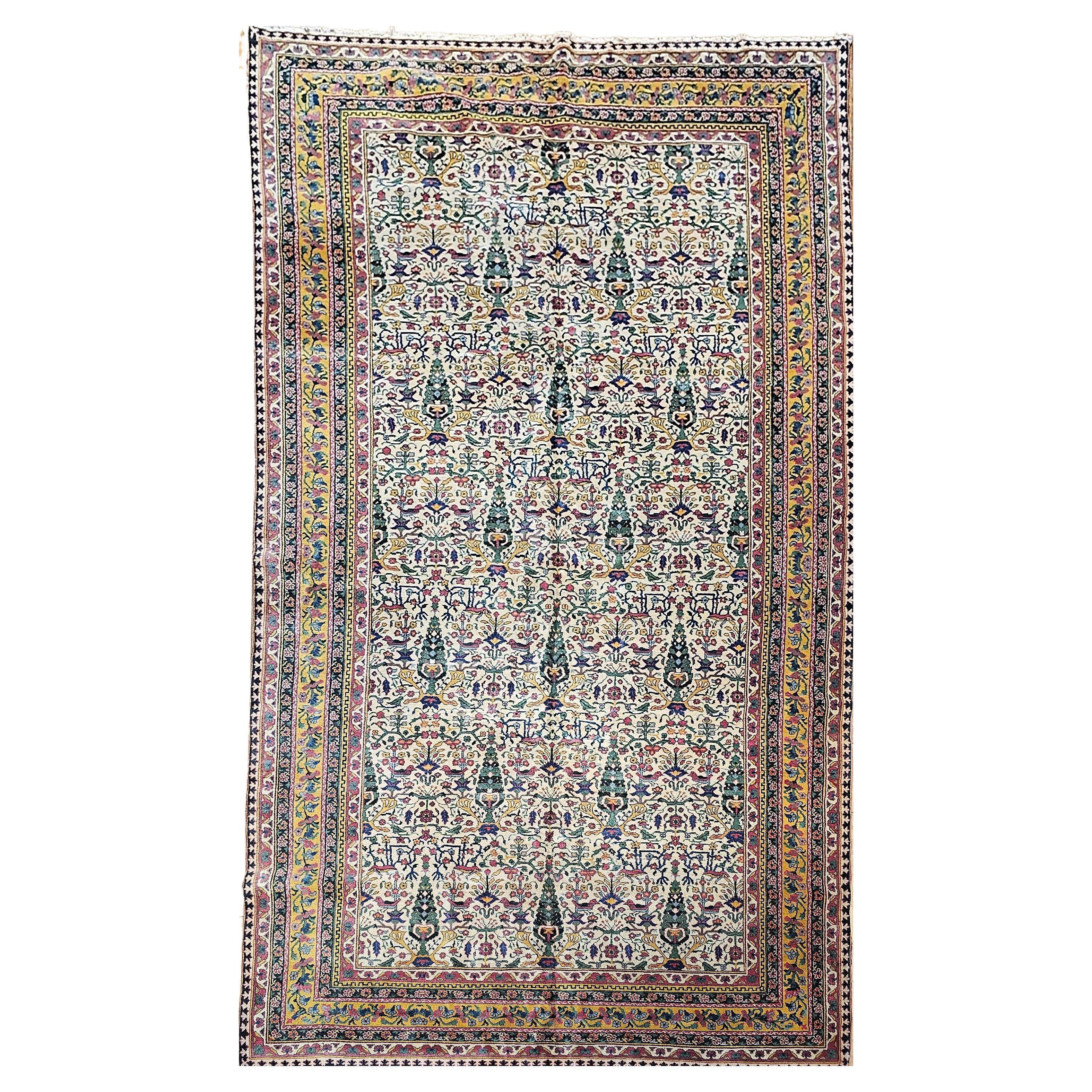 Vintage Agra Gallery Size Rug in All Over Pattern in Ivory, Green, Pink, Yellow