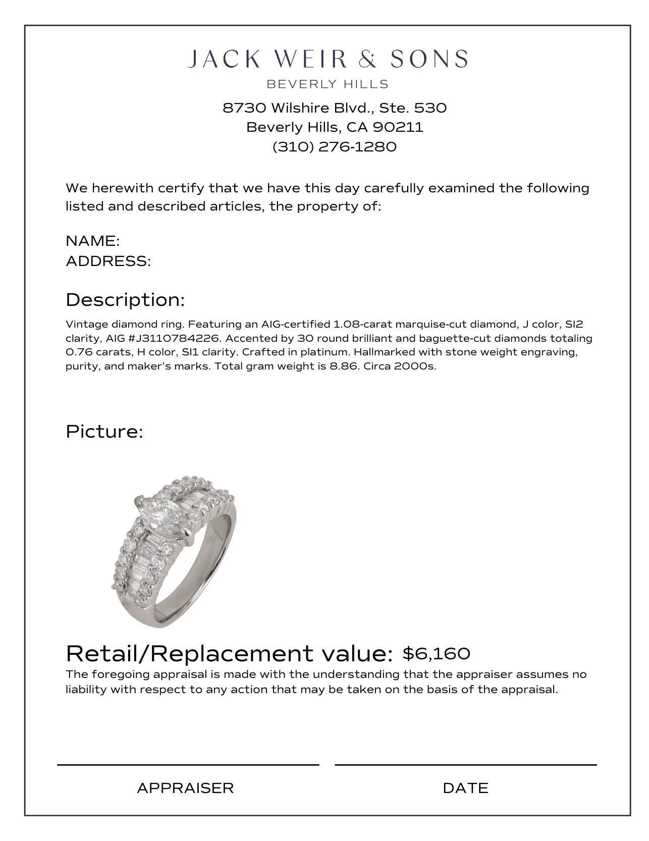 Women's or Men's Vintage AIG 1.84 carats total weight diamond platinum ring For Sale