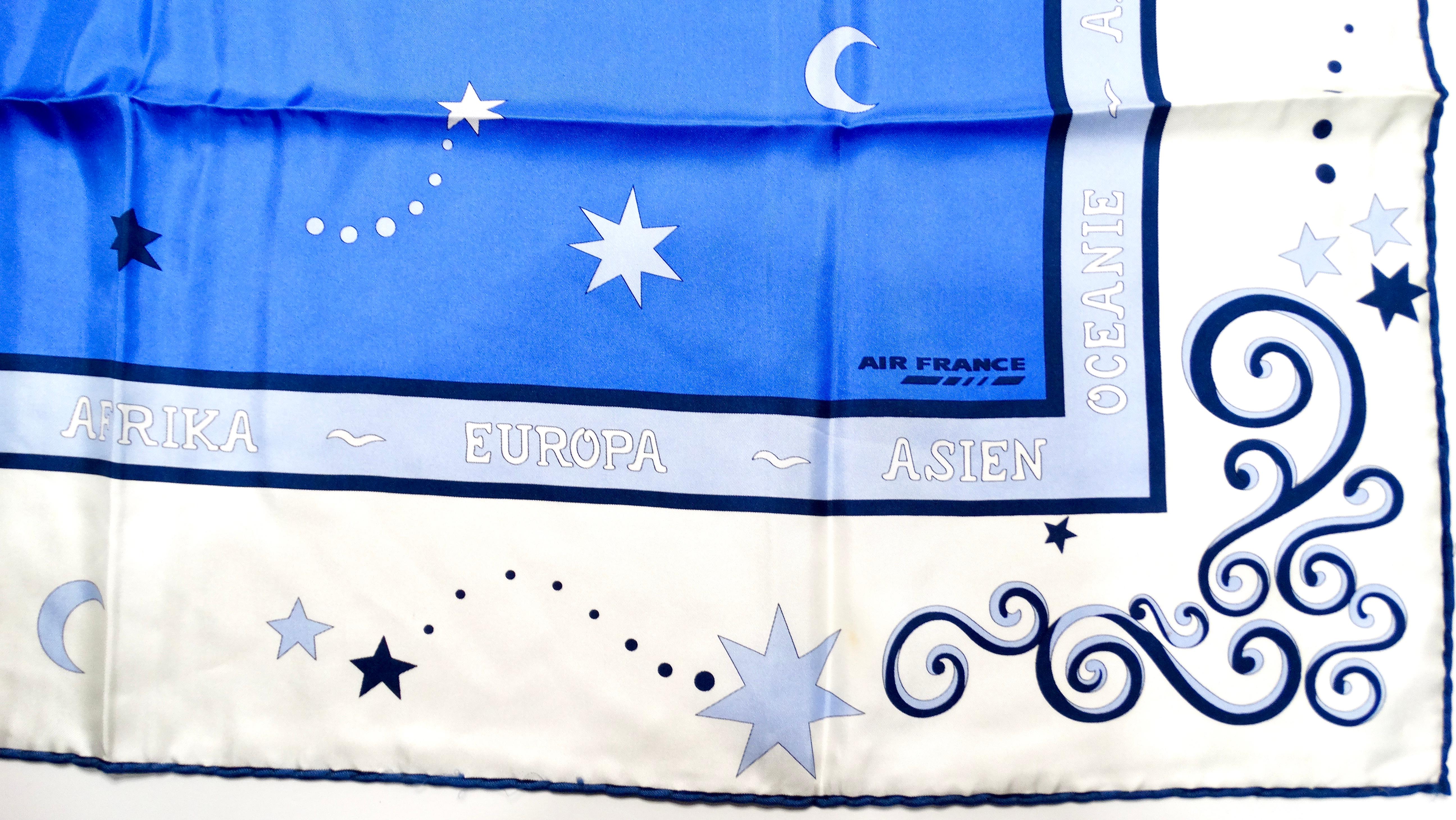 Vintage Air France Blue & White Hippocampus Print Silk Scarf In Good Condition For Sale In Scottsdale, AZ