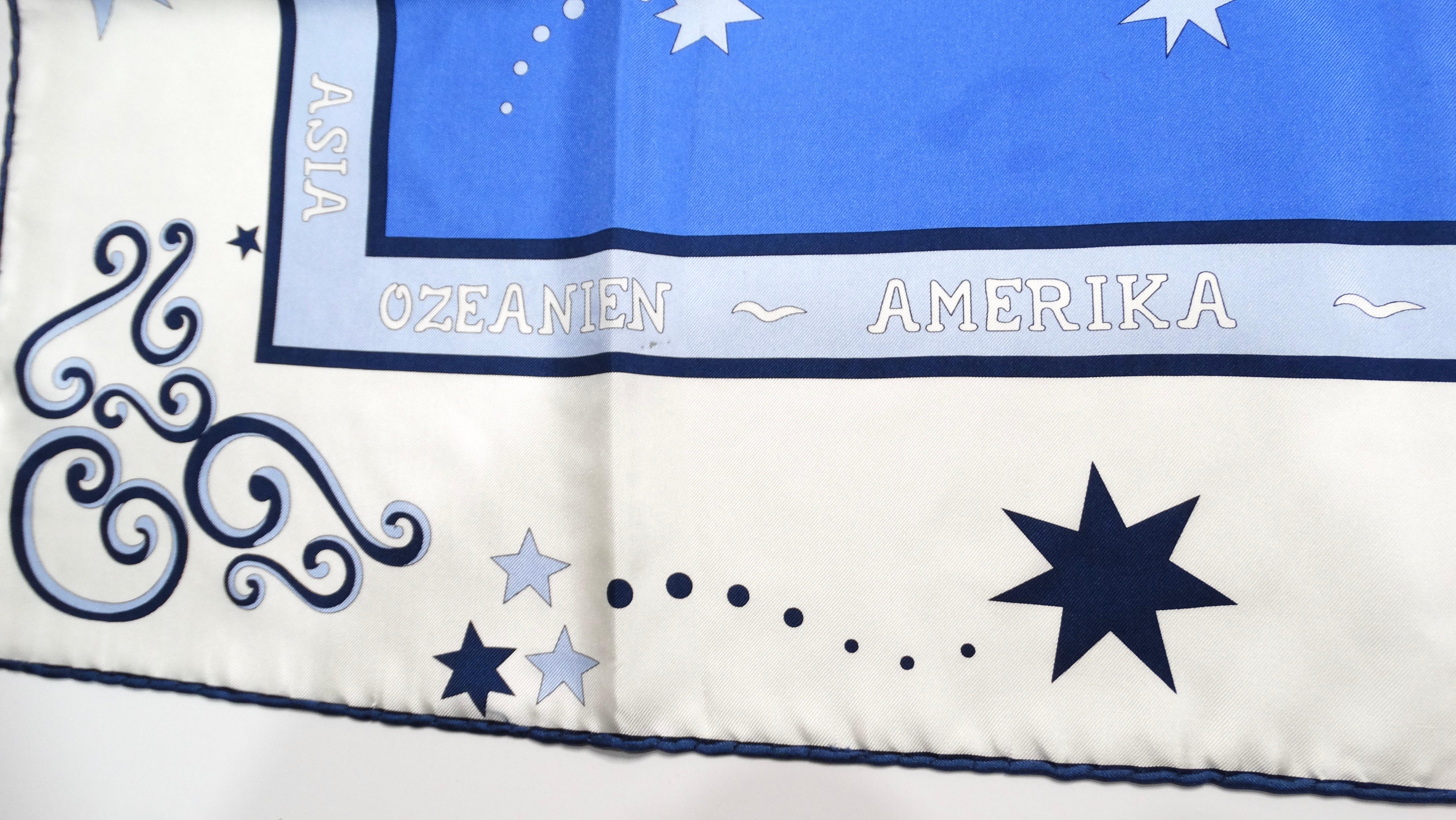 Women's or Men's Vintage Air France Blue & White Hippocampus Print Silk Scarf For Sale