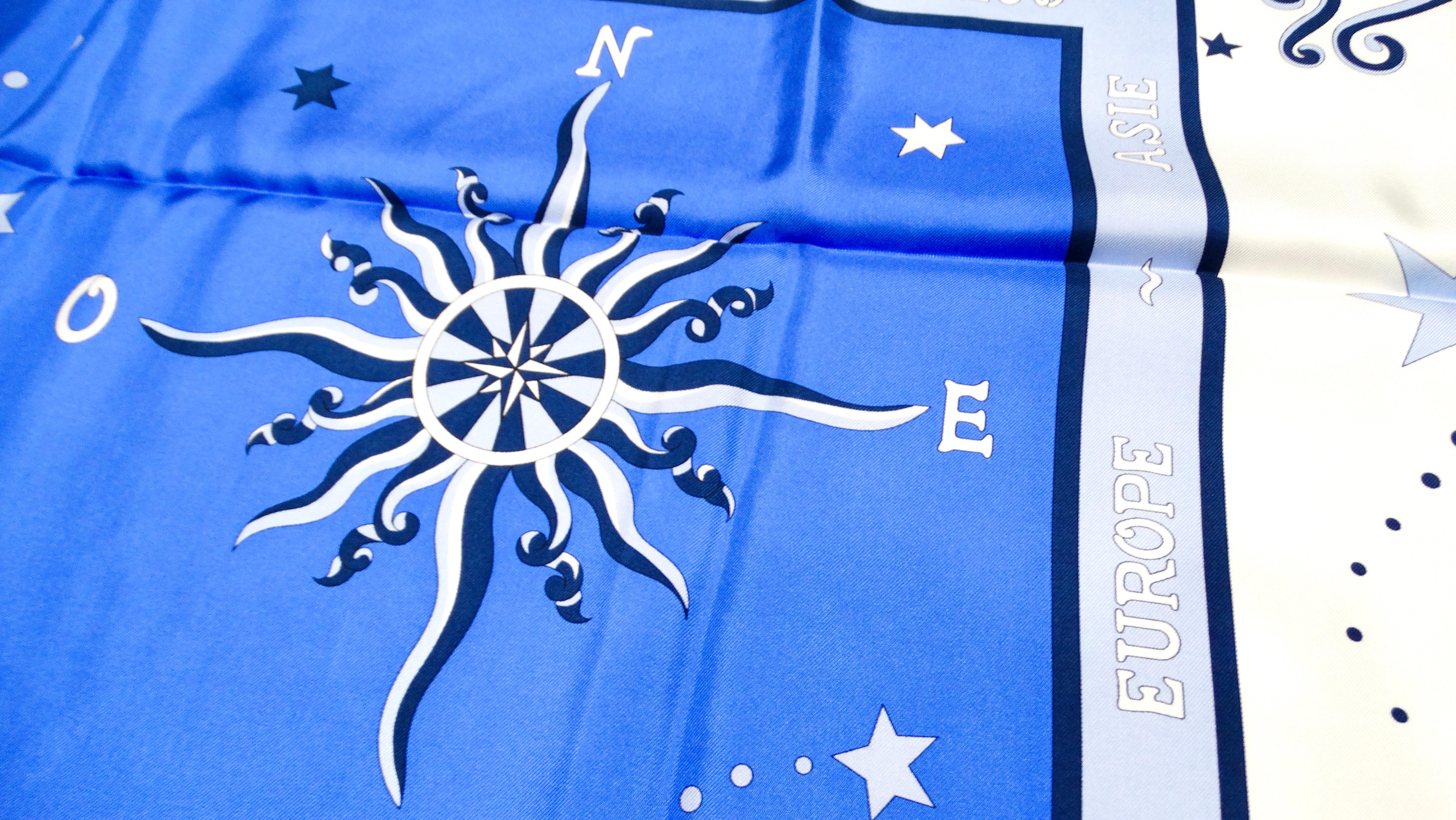 Vintage Air France Blue & White Hippocampus Print Silk Scarf For Sale 1