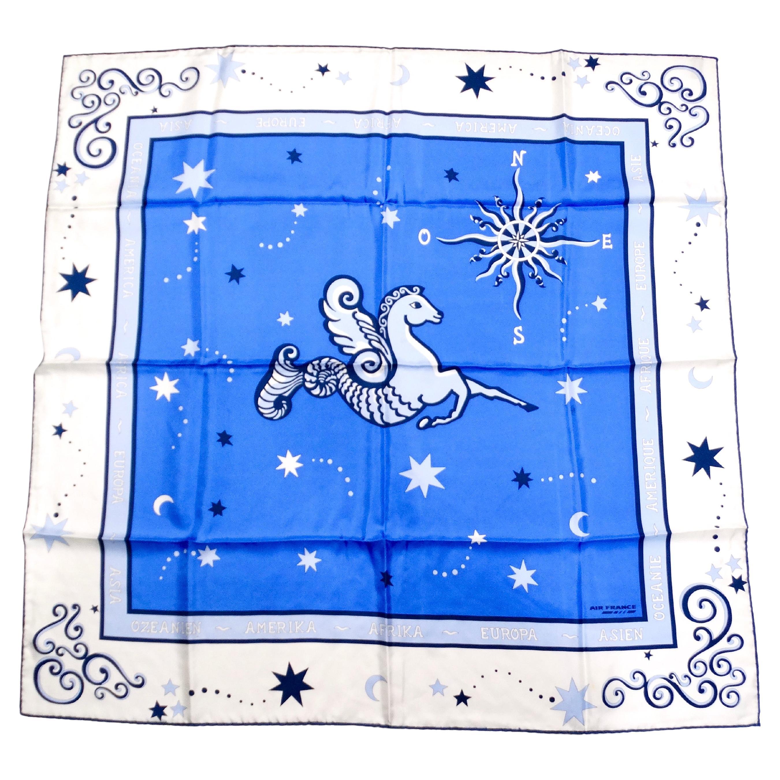 Vintage Air France Blue & White Hippocampus Print Silk Scarf For Sale