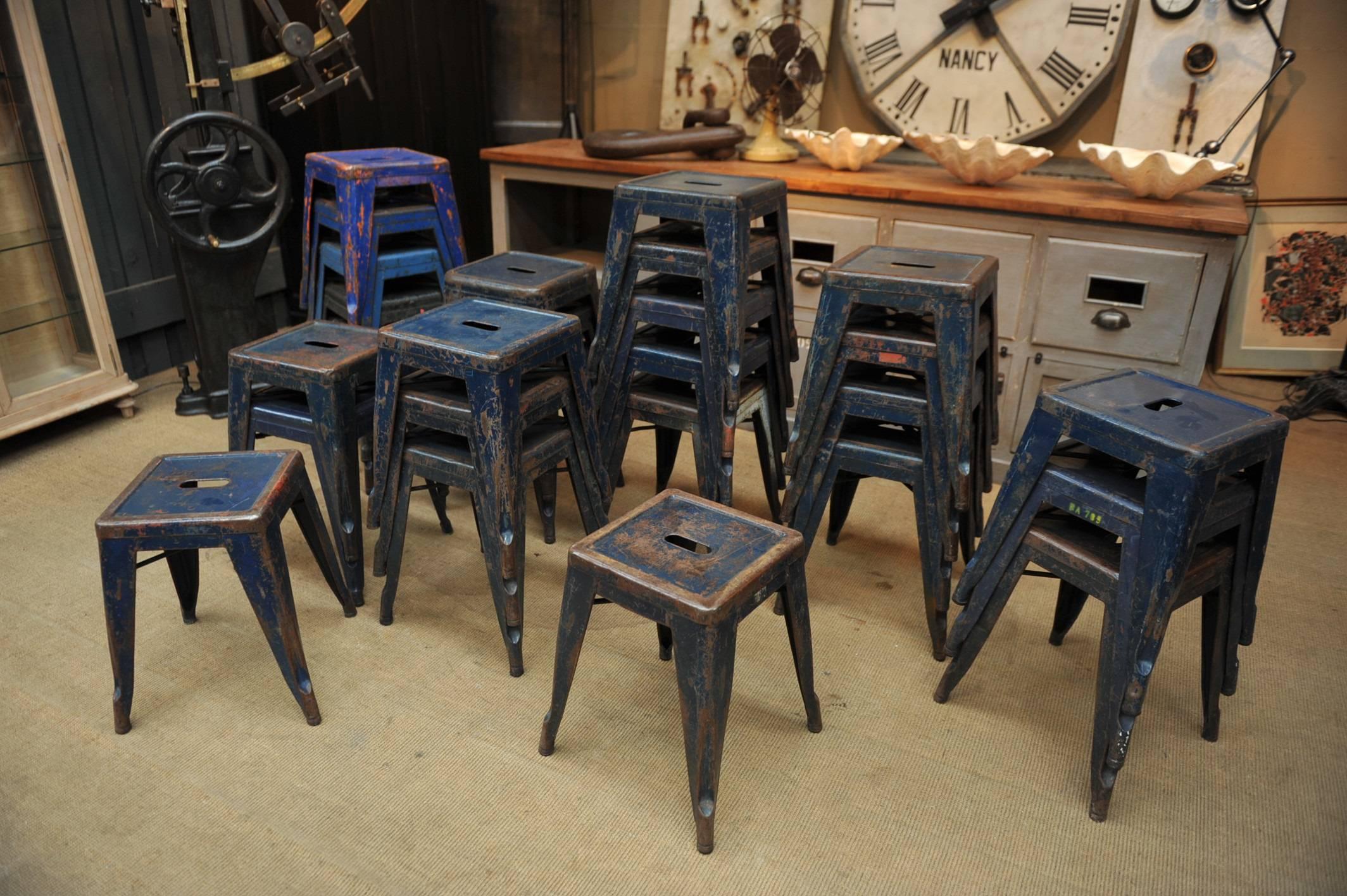 Industrial Vintage Air French Army Old Blue Iron Tolix Stools, 1950s