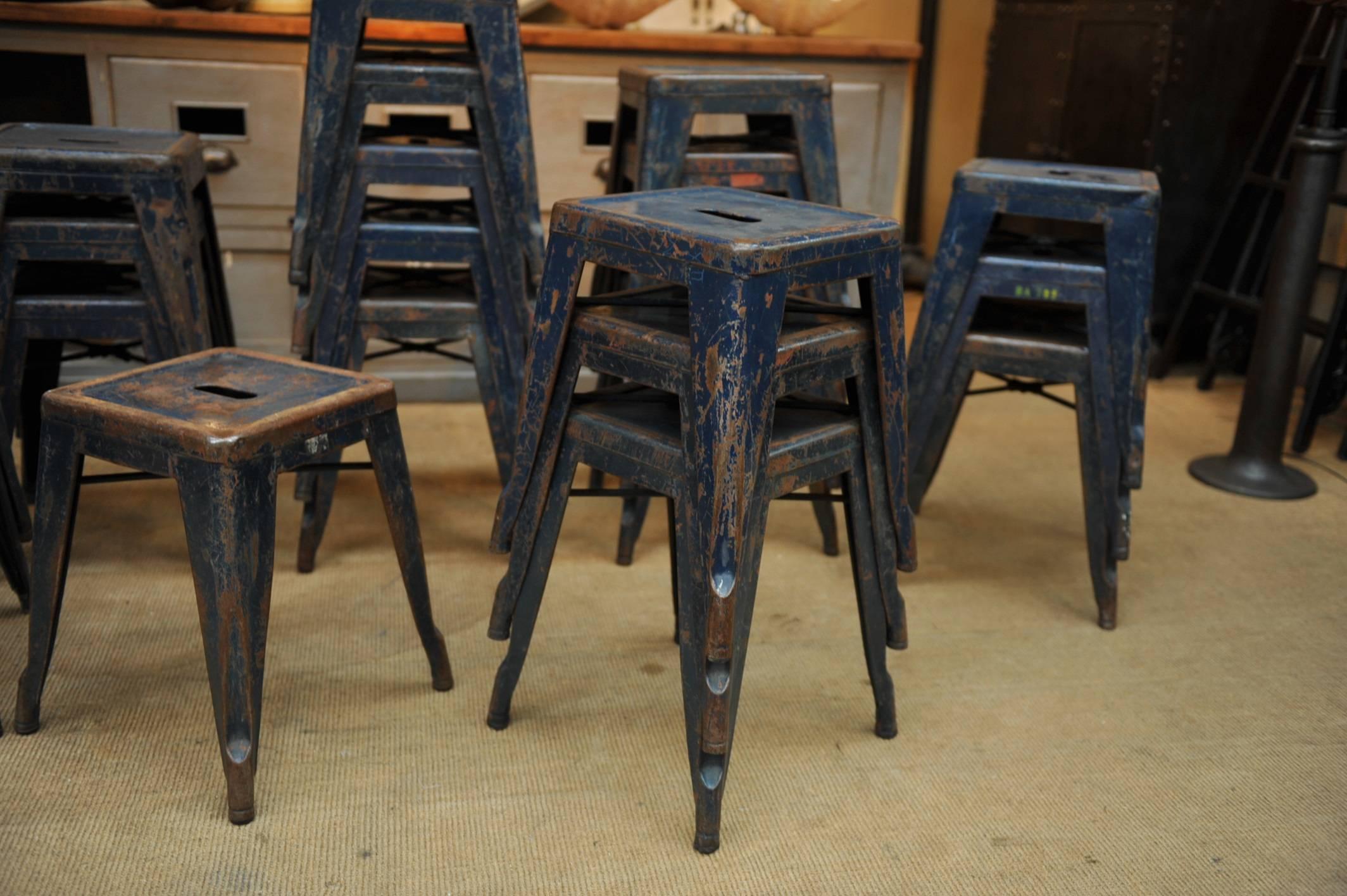 Mid-20th Century Vintage Air French Army Old Blue Iron Tolix Stools, 1950s