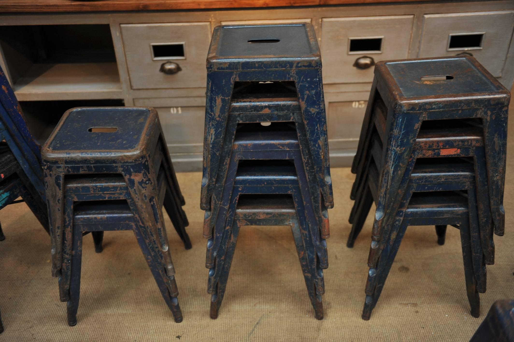 Vintage Air French Army Old Blue Iron Tolix Stools, 1950s 1